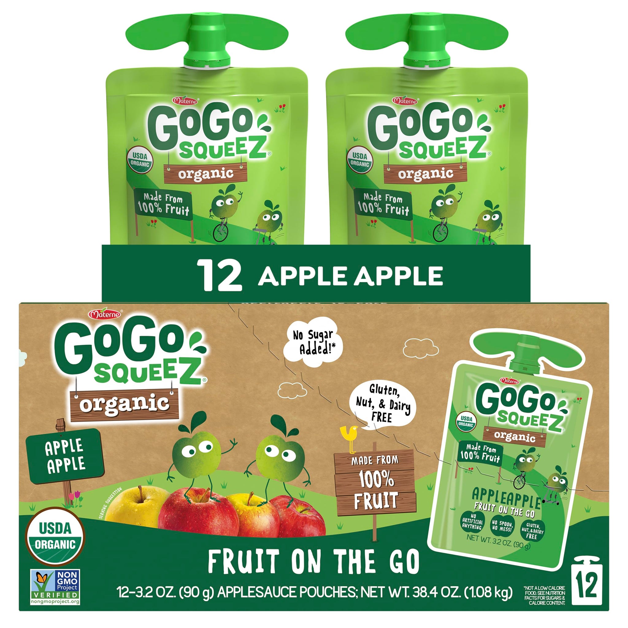 GoGo squeeZ No Sugar Added Organic Applesauce and Fruit Puree, Apple Apple, 3.2 oz Pouches (Pack of 12), Fruit Snacks for Kids, Gluten Free, Nut Free