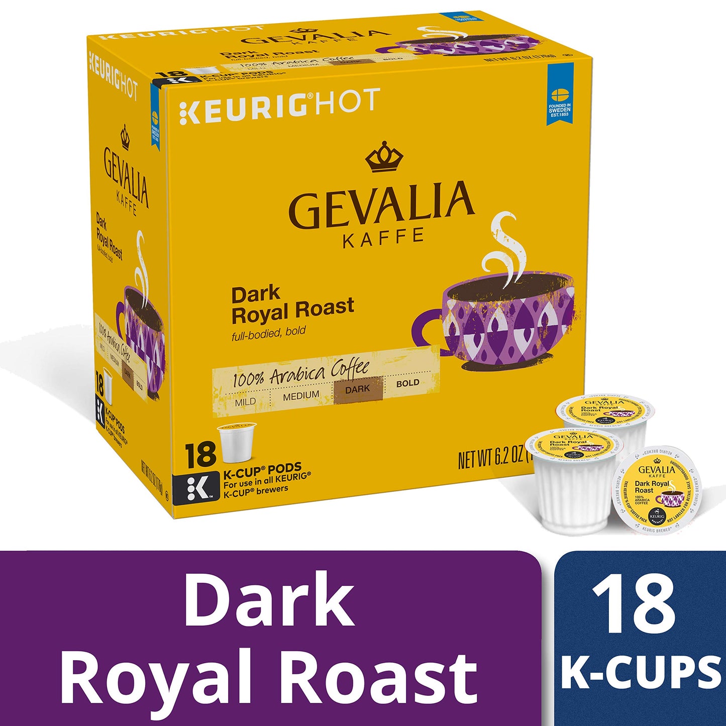 GEVALIA Dark Royal Roast Coffee, K-CUP Pods, 6.2 oz, 18 Count