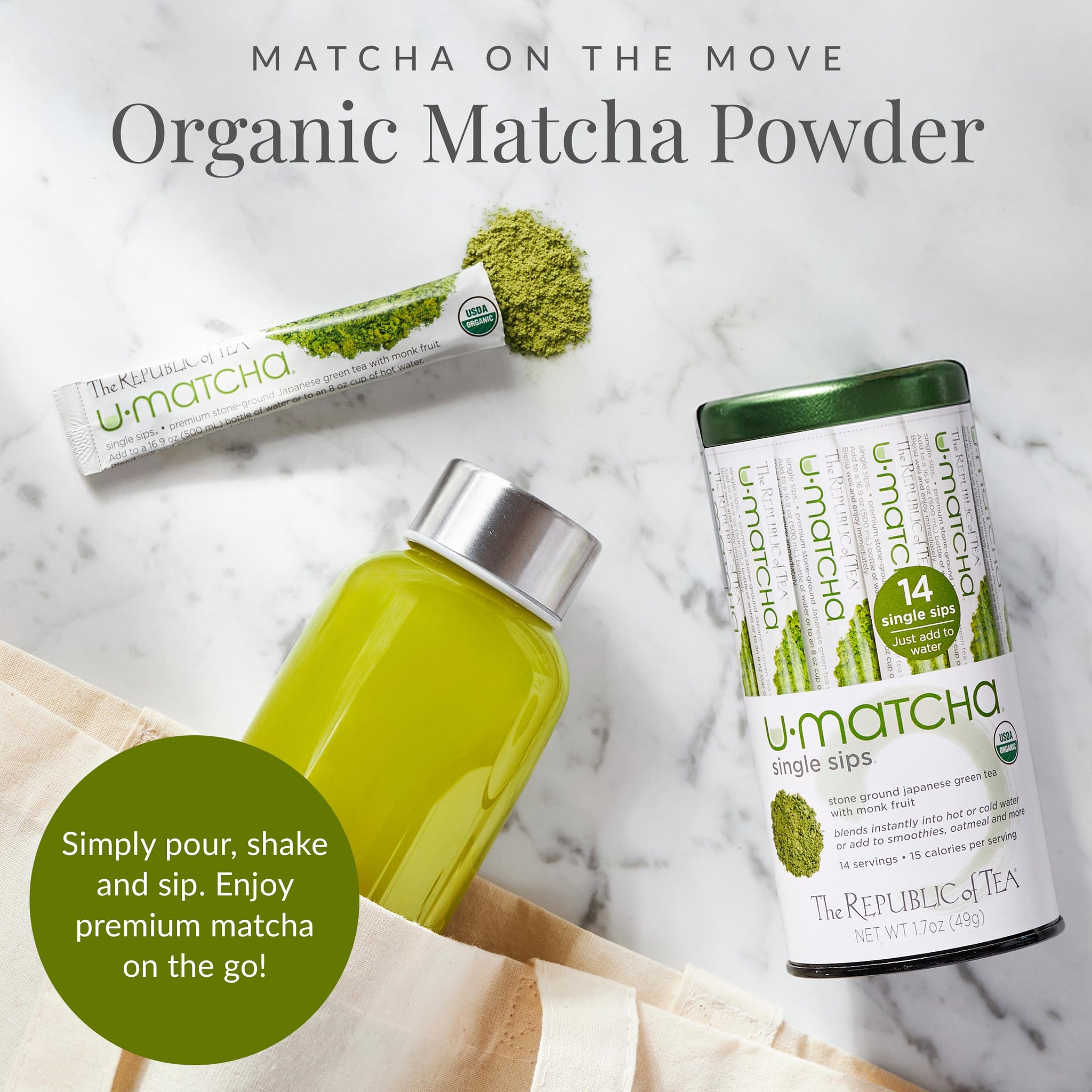 The Republic of Tea - Organic U•Matcha Single Sips, Naturally Caffeinated Matcha Green Tea Powder, 14 Packets