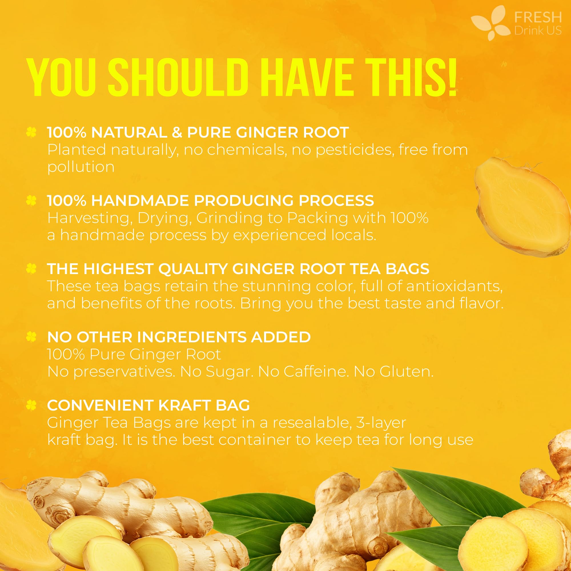 FreshDrinkUS, 120 Ginger Tea Bags, 100% Natural & Pure. Ginger Herbal Tea. No Sugar, No Caffeine, No Gluten, Vegan.
