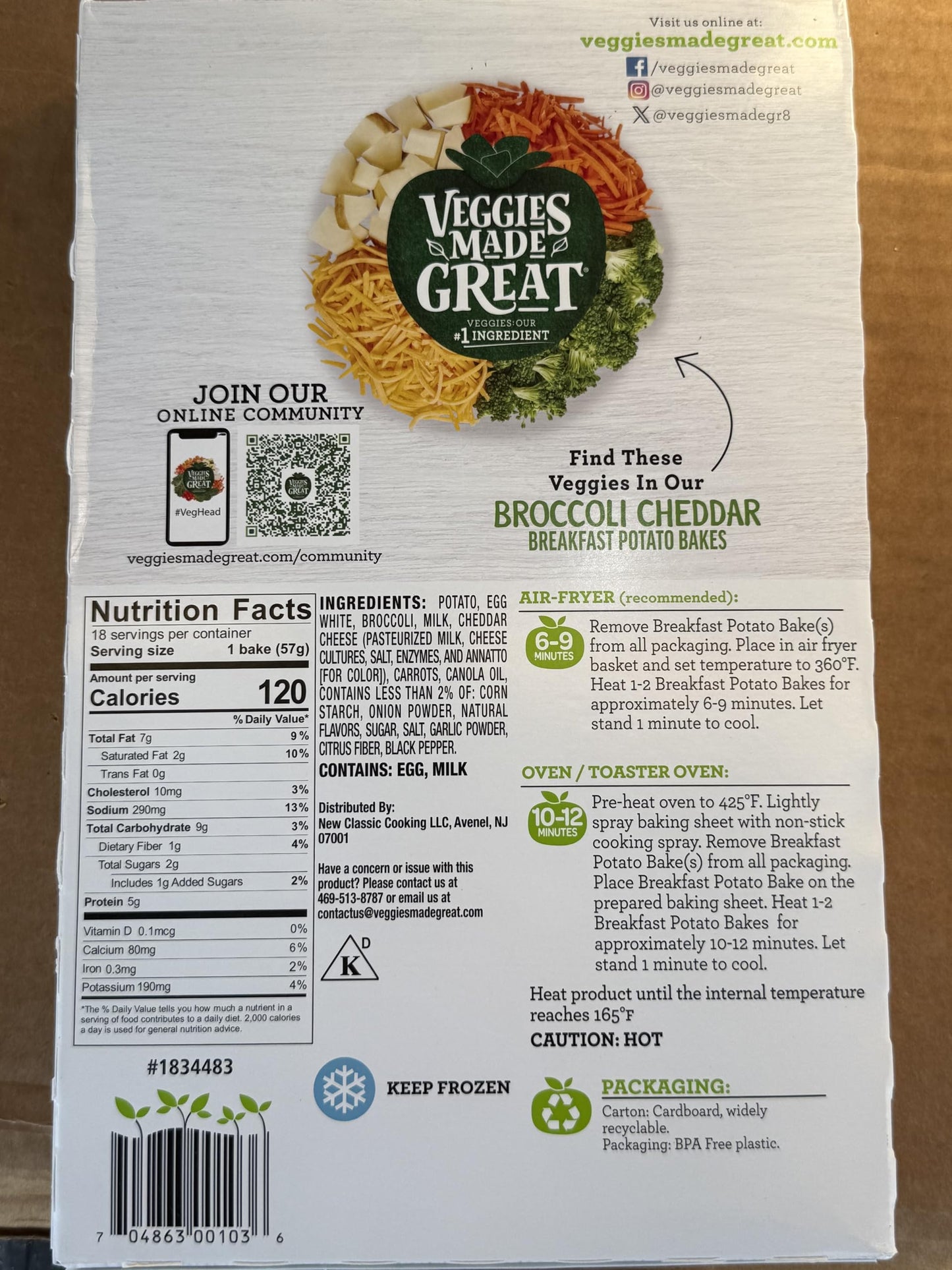 Veggies Made Great Broccoli Cheddar Breakfast Potato Bakes, Gluten Free, 5g Protein, 18 Count, 36 oz