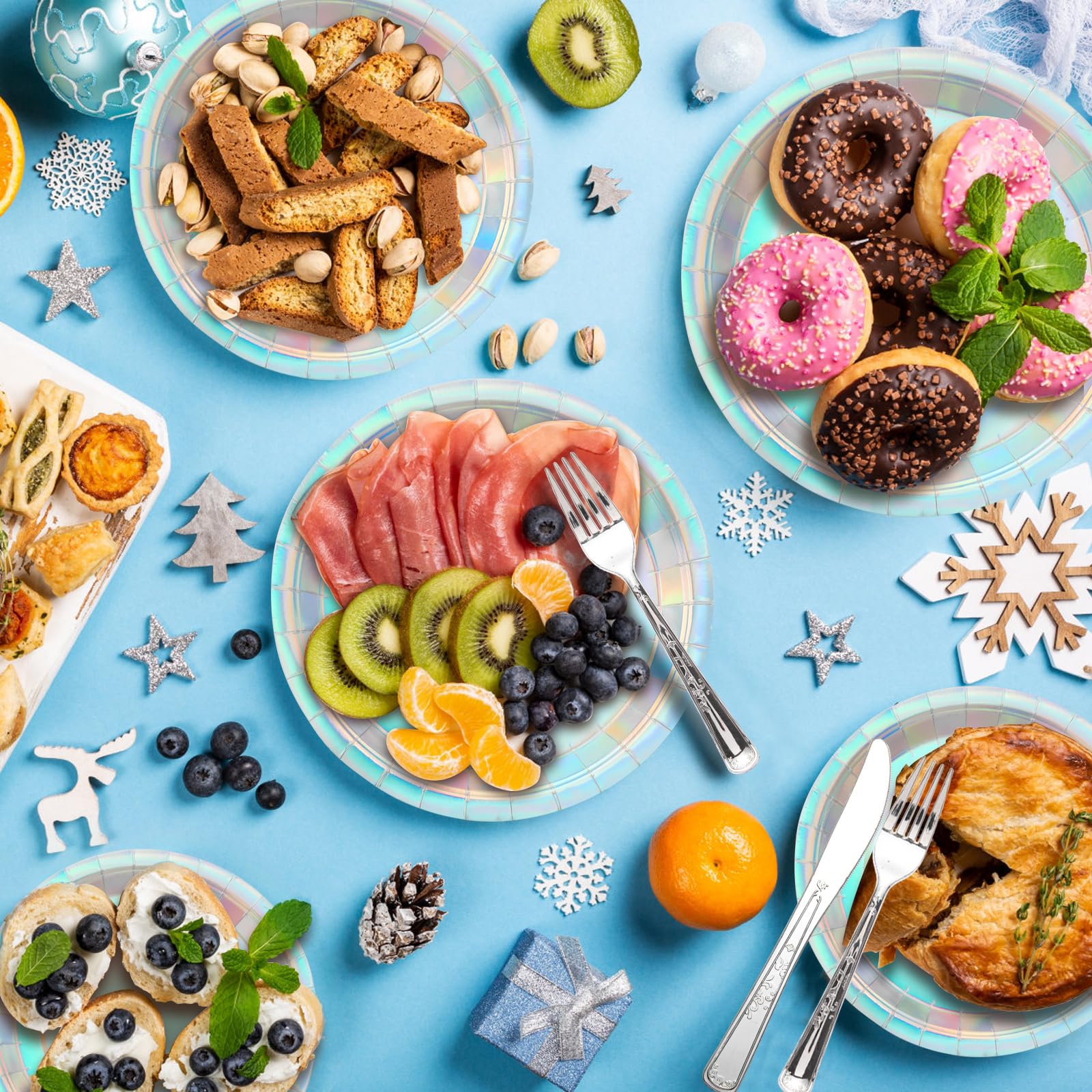 200 pieces of silver party supplies, disposable tableware set, silver paper plates, cups, napkins, plastic knives, forks and spoons, for 25 people