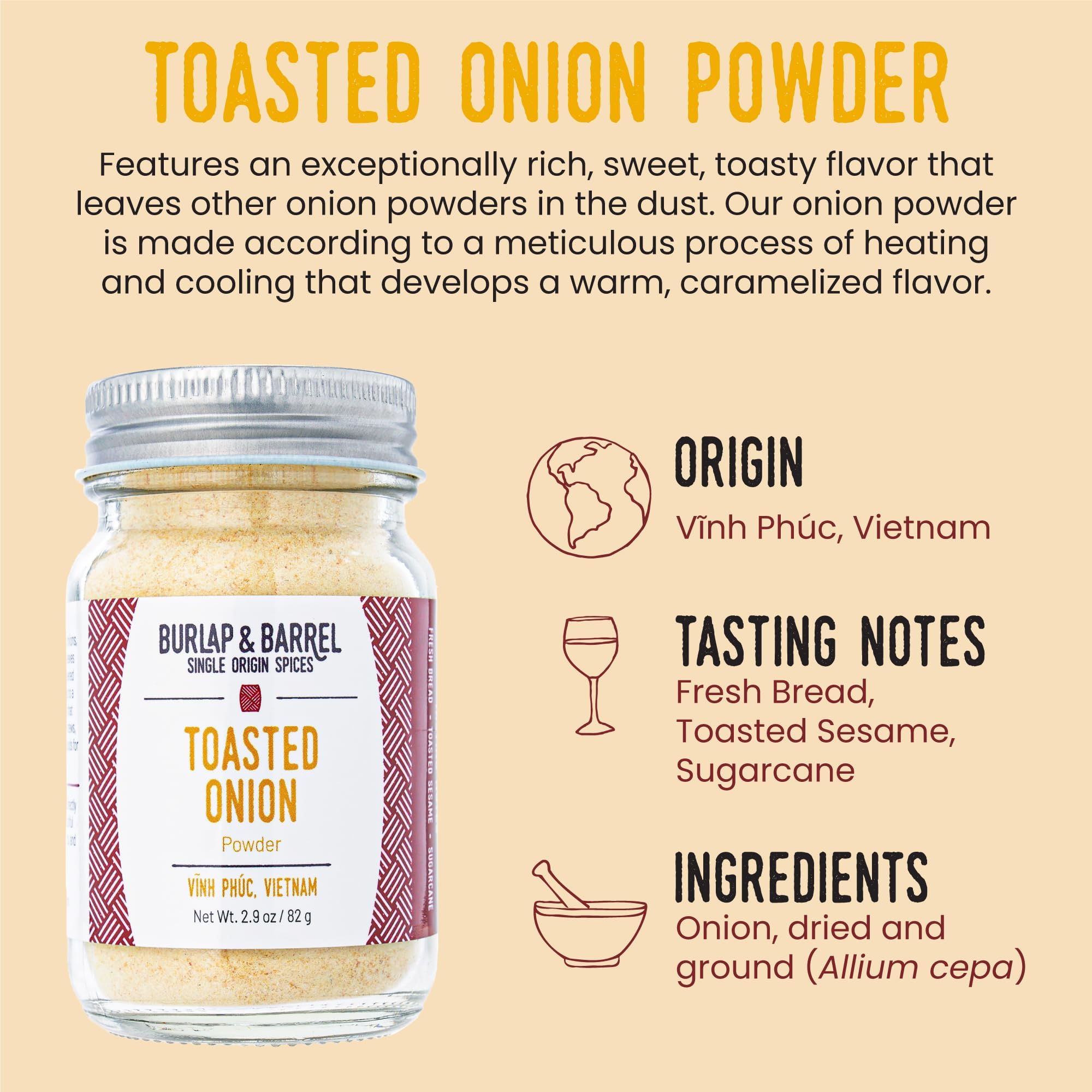 Burlap & Barrel Toasted Onion Powder - Rich, Savory-Sweet Flavor - Flavorful Onion Seasoning for Cooking - As Seen On Shark Tank - 2.9oz Glass Jar