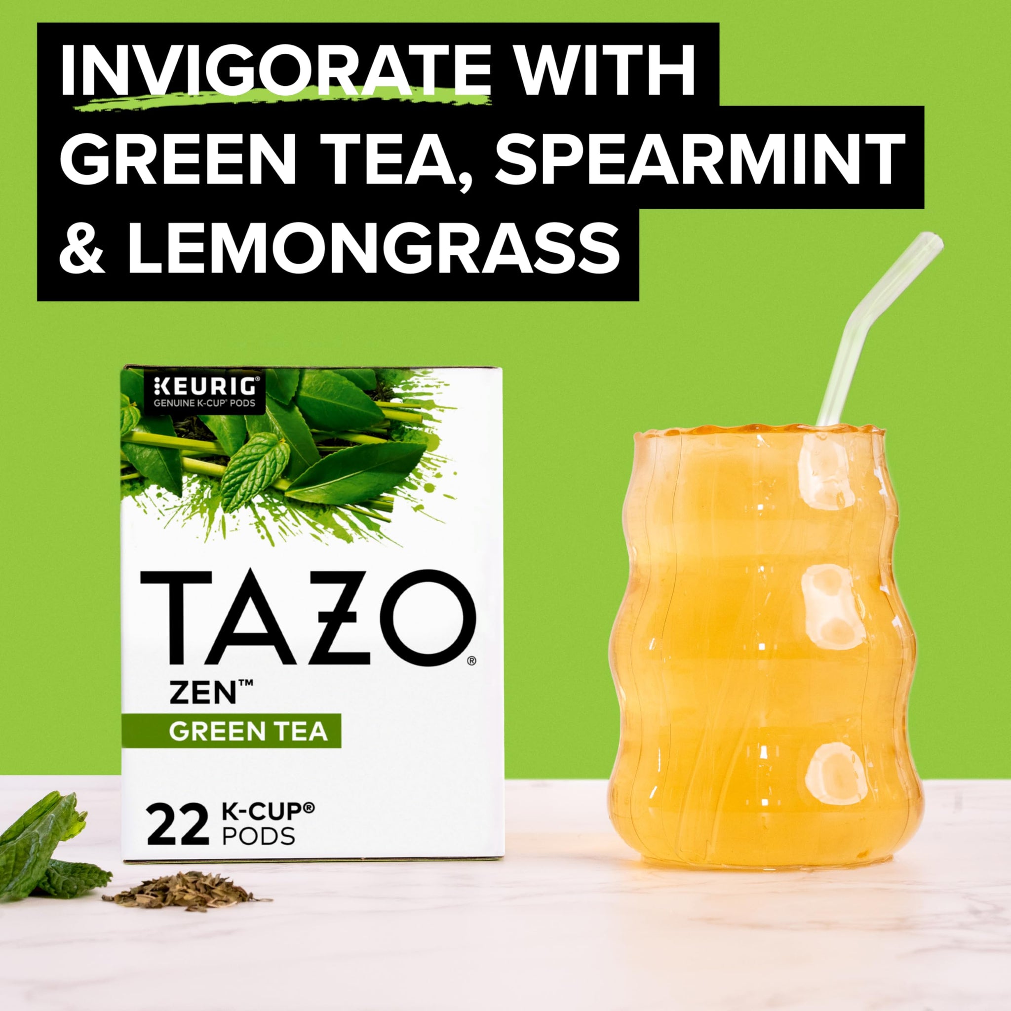 TAZO Organic Zen Green Tea K-Cups, Caffeine Free Tea with Refreshing Lemongrass & Spearmint, 22 Pods