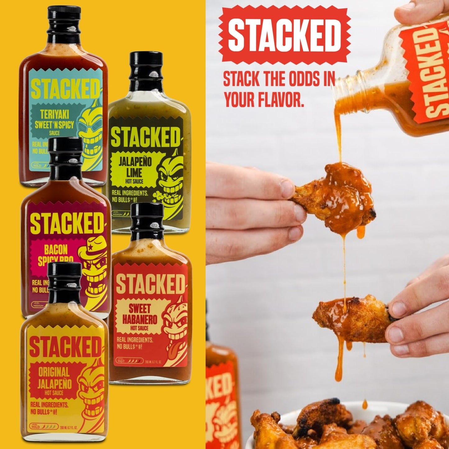 Stacked Hot Sauce Variety Pack - Original Jalapeño, Sweet Habanero, Jalapeño Lime, Bacon Spicy BBQ, and Teriyaki - Pack of 5, 6.7 fl oz Each - Real