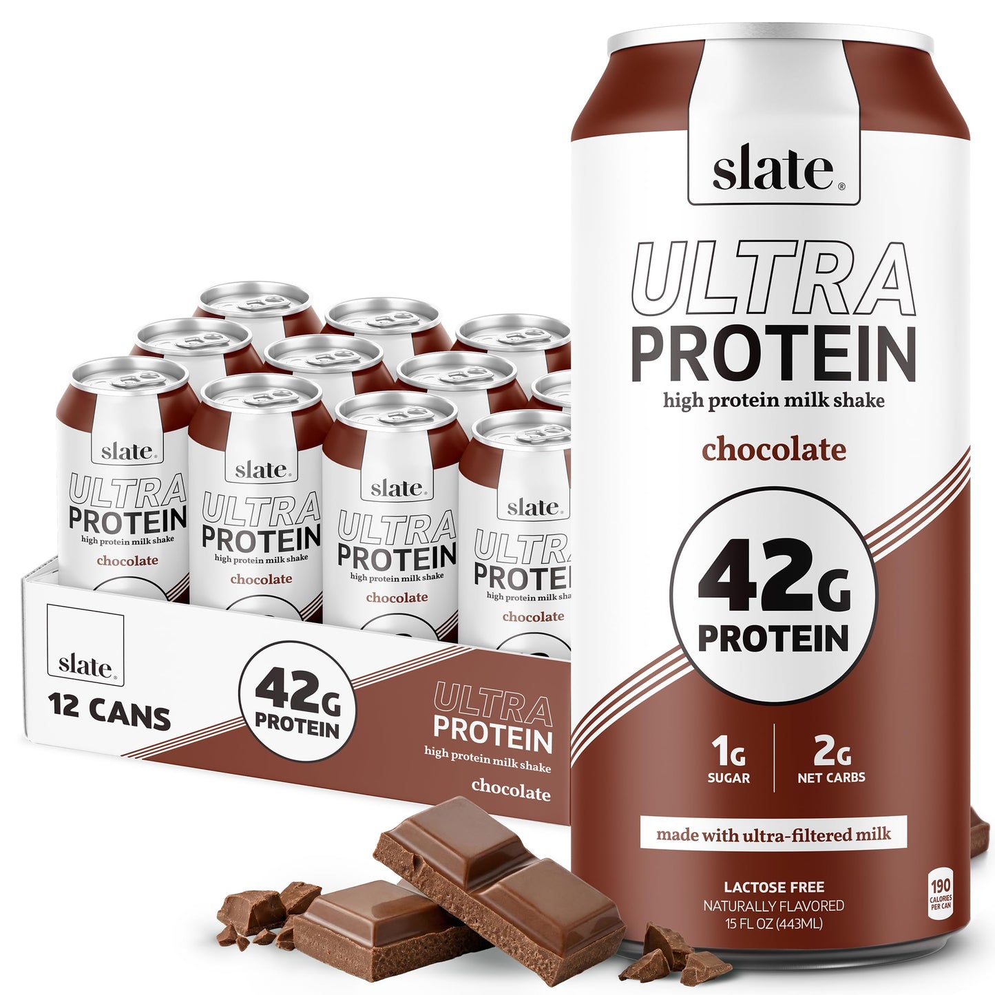 Slate Milk - Ultra Protein Shake - Chocolate - 42g Protein, 1g Sugar, 190 Calories, 2g Net Carbs - Lactose Free, No Added Sugar - Made with Ultra