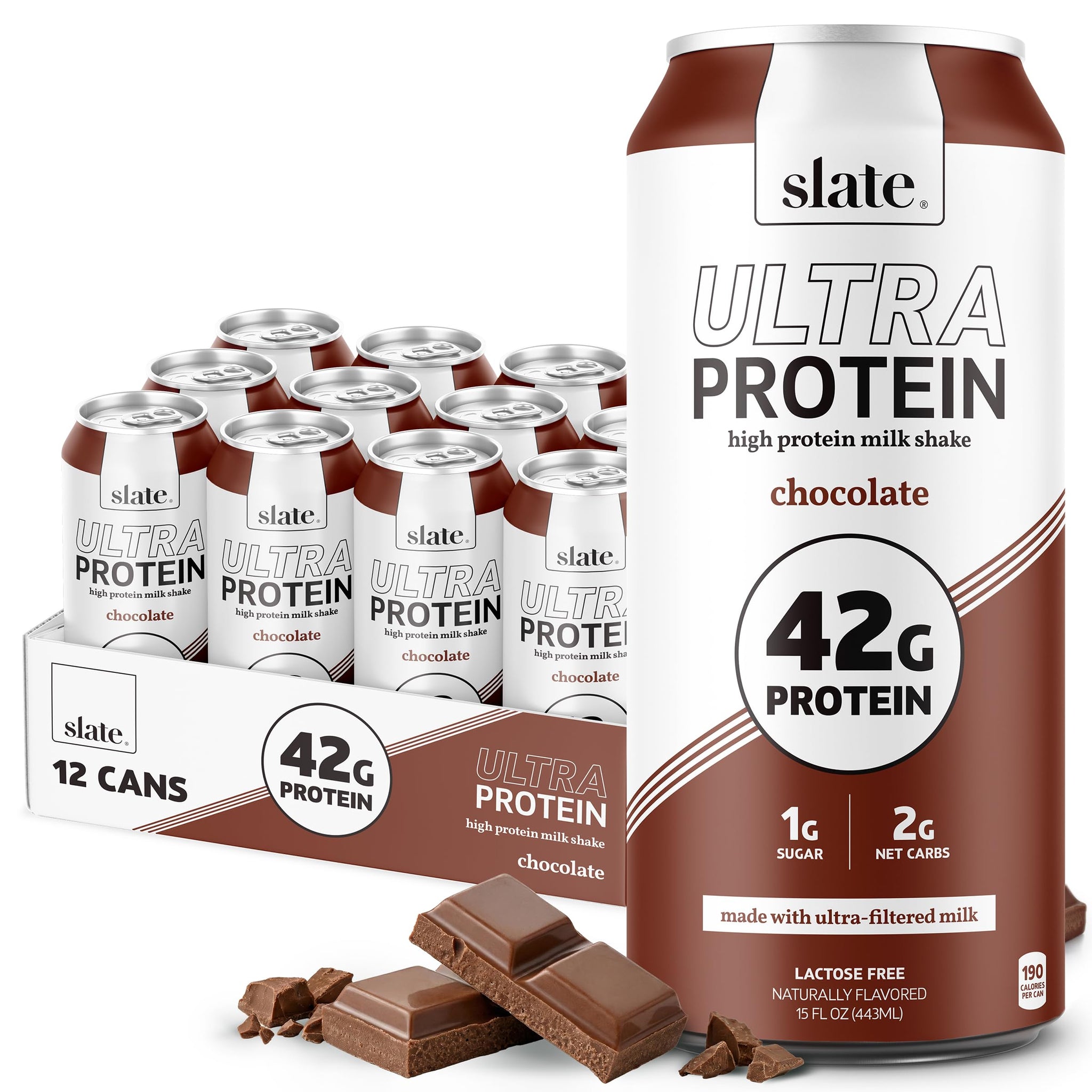 Slate Milk - Ultra Protein Shake - Chocolate - 42g Protein, 1g Sugar, 190 Calories, 2g Net Carbs - Lactose Free, No Added Sugar - Made with Ultra