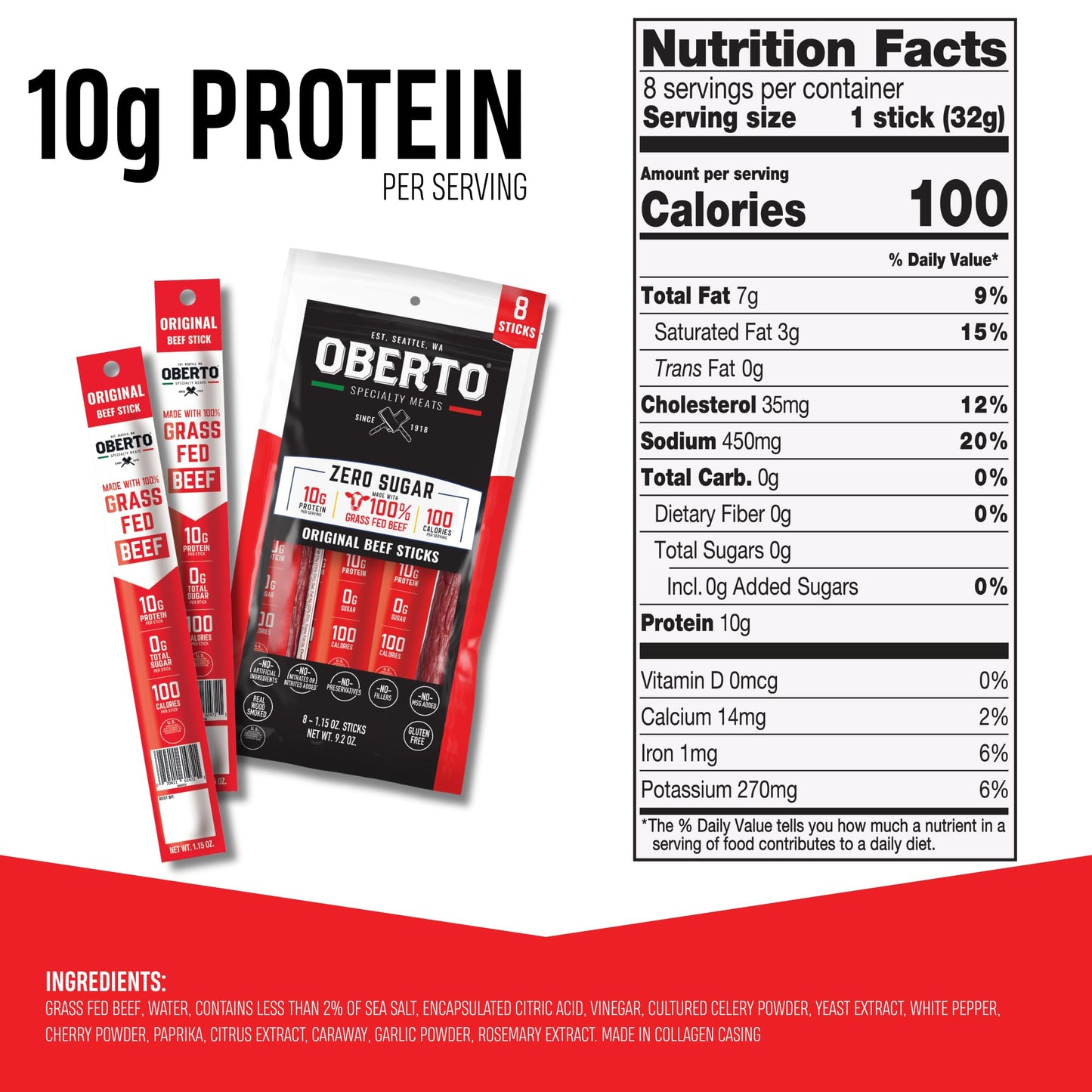 Oberto Grass Fed Beef Sticks - Original, Zero Sugar, No Artificial Ingredients, High Protein, Gluten Free, Wood Smoked, Premium Grass Fed Meat Sticks