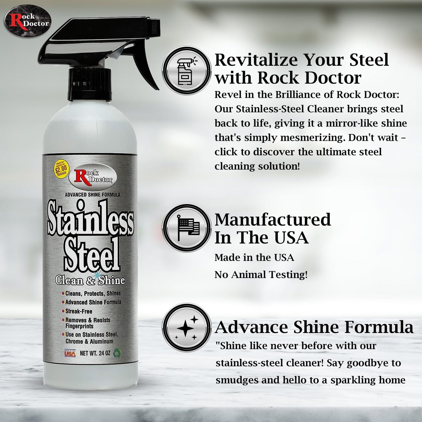 Rock Doctor Stainless Steel Cleaner and Protectant, Streak-Free Cleaning Solution for Chrome and Aluminum Appliances or Surfaces, Smudge Resistant