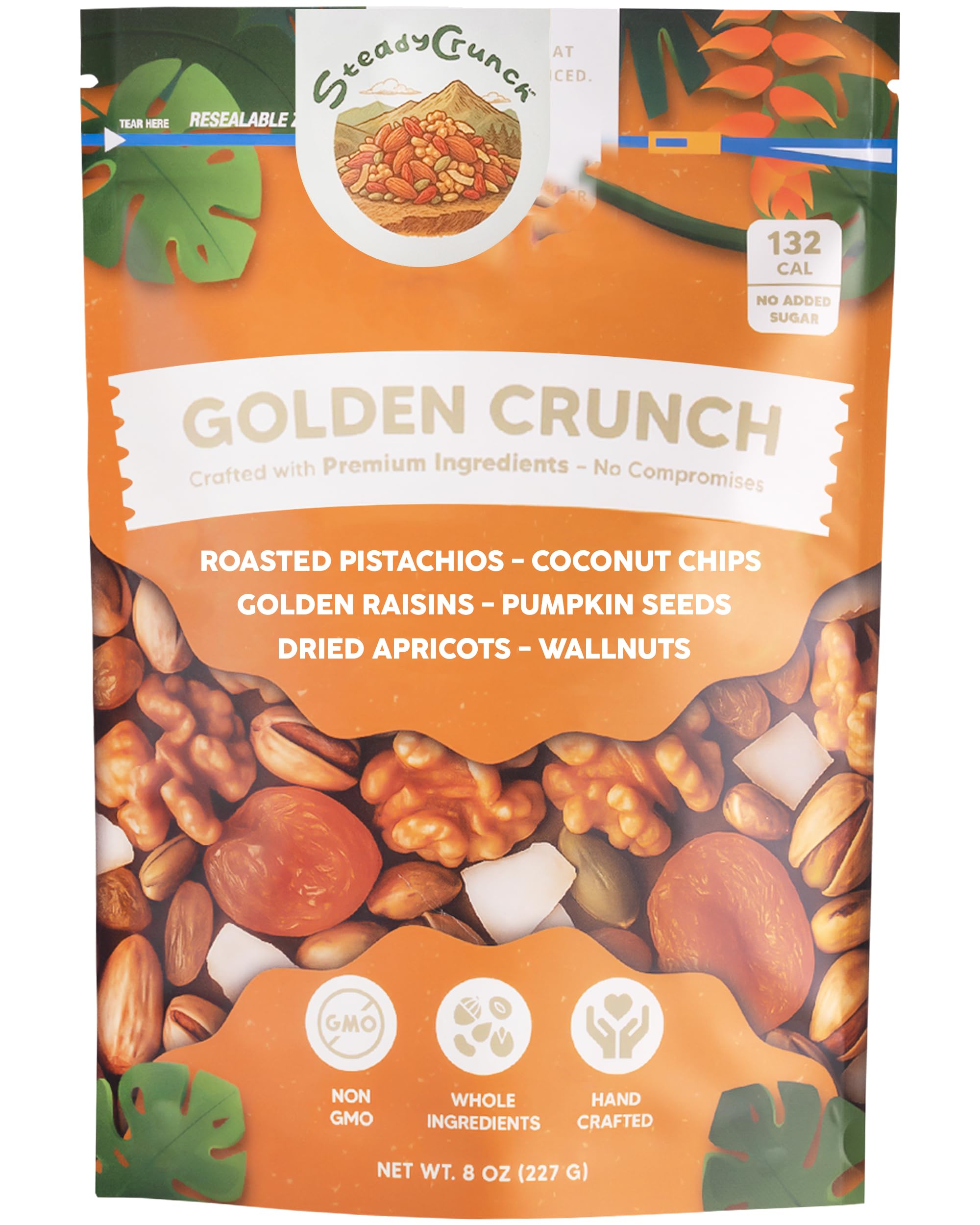 SteadyCrunch Golden Crunch Trail Mix - Non-GMO, Vegan & Gluten Free Mixed Nuts - Pistachios, Walnuts, Raisins & Dried Fruit Snacks - Healthy Snack