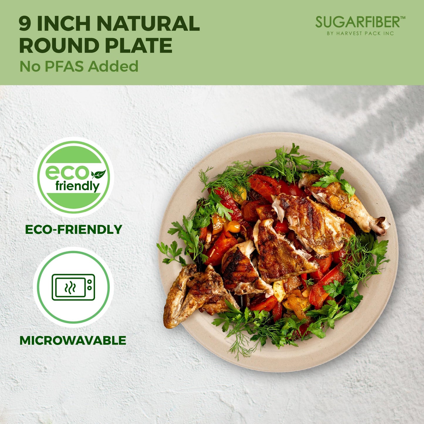 [100 COUNT]Harvest Pack PFAS FREE 9 inch Compostable Paper Plates, Round Disposable Heavy-Duty Natural Bagasse Biodegradable Dinner Plates, Large