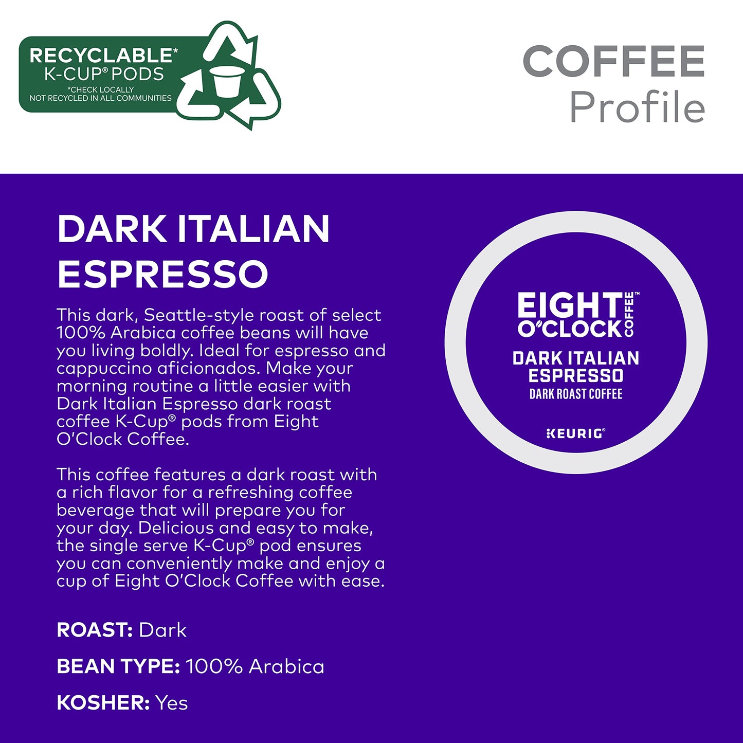 Eight O'Clock Coffee Dark Italian Espresso Roast Keurig Single-Serve K-Cup Pods, Dark Roast Coffee, 24 Count (Pack of 1)