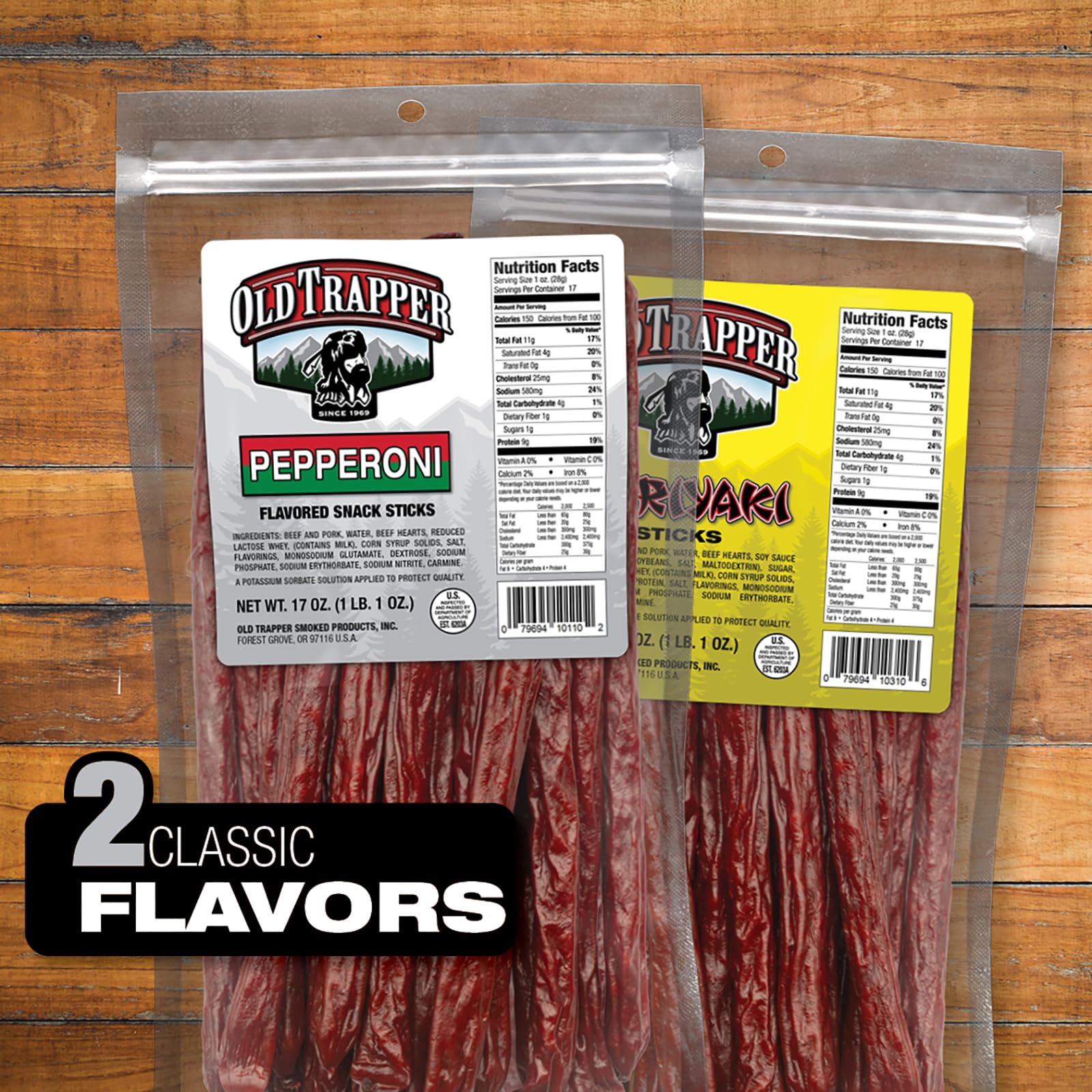 Old Trapper Pepperoni Snack Sticks, 17-Ounce Resealable Bag, Natural Wood Smoked Meat Sticks, 9 Grams of Protein and 150 Calories Per Ounce (Pack