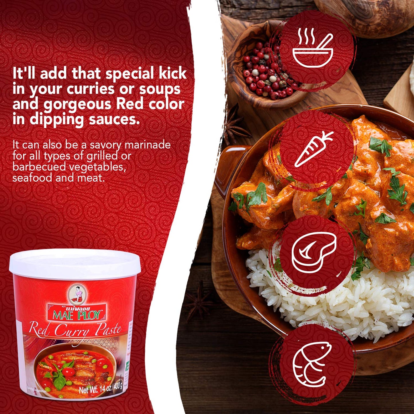 Mae Ploy Red Curry Paste, Authentic Thai Red Curry Paste For Thai Curries And Other Dishes, Aromatic Blend Of Herbs, Spices And Shrimp Paste, No MSG