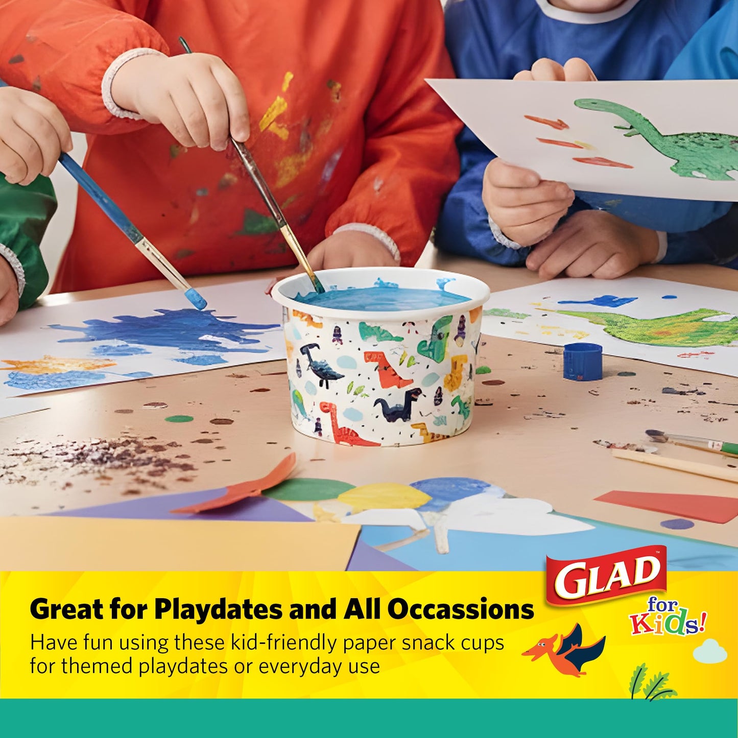 Glad for Kids Mini Dinosaurs Paper Snack Bowls, Colorful Heavy Duty Microwave Safe Disposable Bowls for Soup, Ice Cream, and Snacks, Lids Not