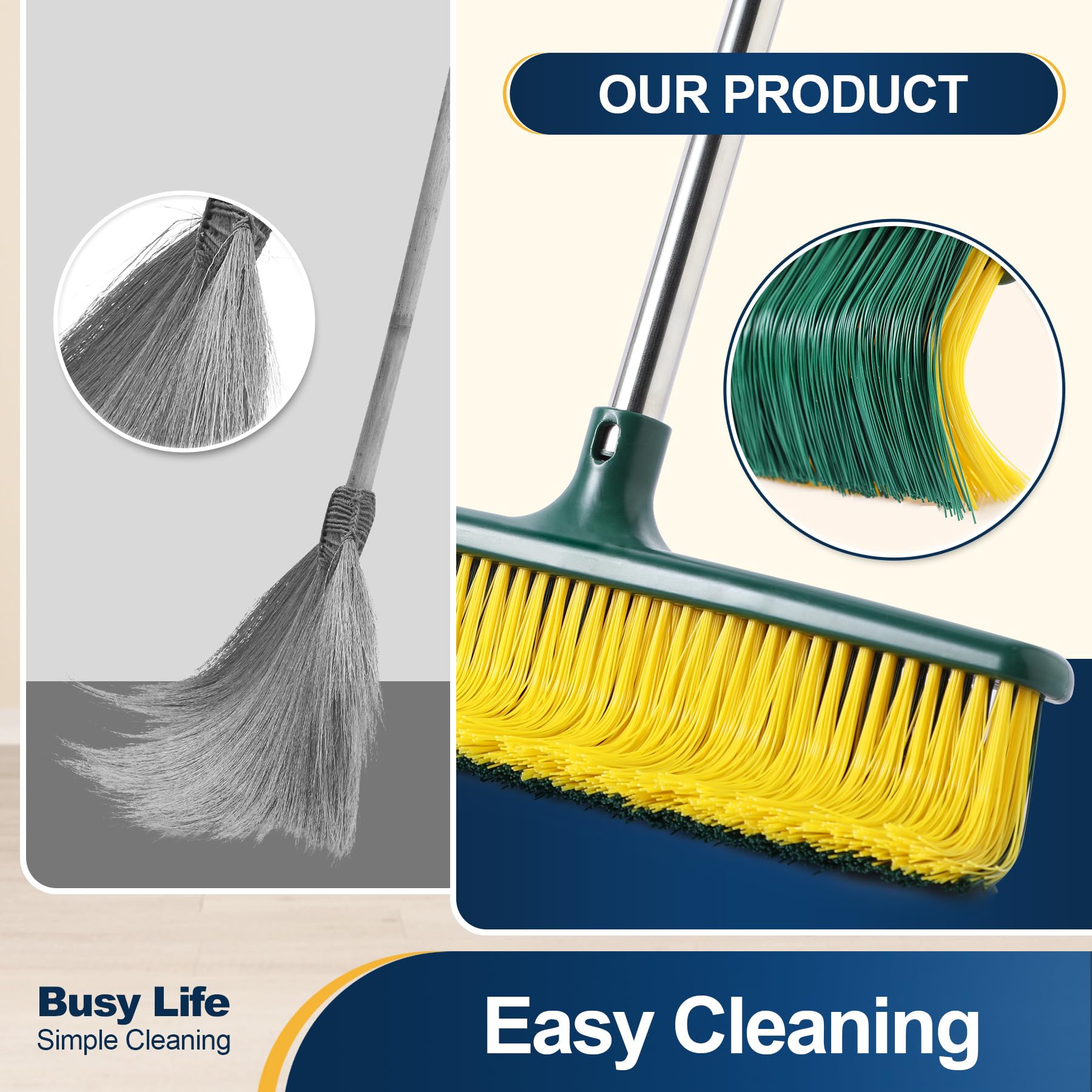 Yocada Heavy Duty Outdoor Broom Commercial Broom Garden Leaf Rake with Curved Bristles Adjustable Long Handle Indoor Outdoor for Yard Deck Garden