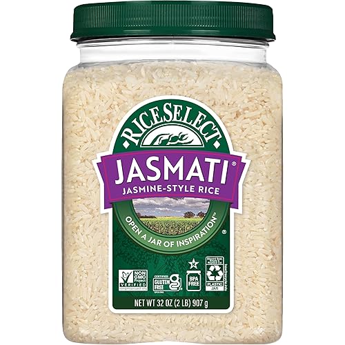 RiceSelect Jasmati Rice, Premium Long Grain Aromatic American Jasmine Rice, Gluten-Free, Non-GMO, Kosher, 32oz Jar (Pack of 1)