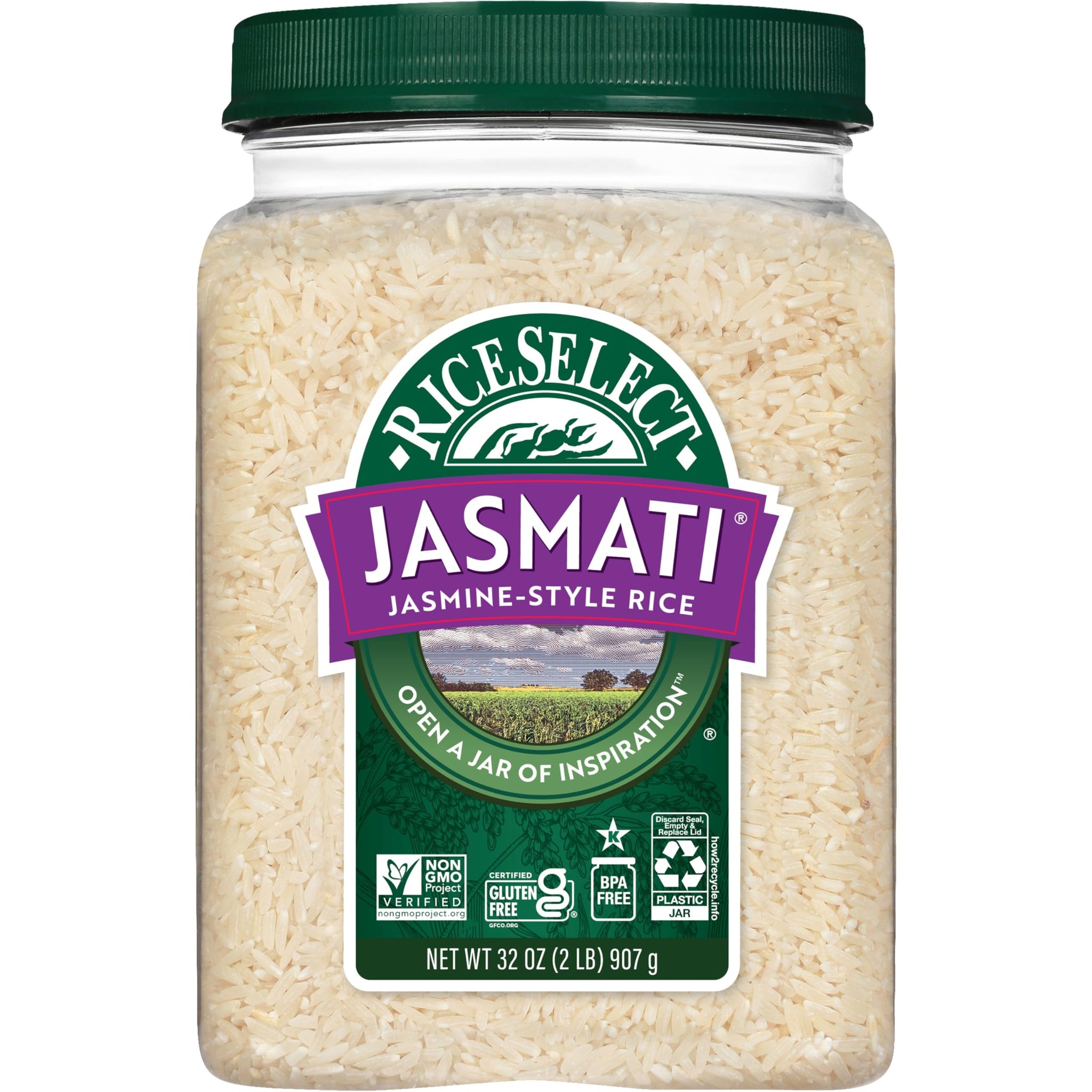 RiceSelect Jasmati Rice, Premium Long Grain Aromatic American Jasmine Rice, Gluten-Free, Non-GMO, Kosher, 32oz Jar (Pack of 1)