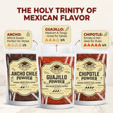 Chile Powder Ancho, Guajillo, Chipotle Variety Pack (4oz Each) - Dry Chili Pepper Powders for Traditional Mexican Cooking, Bold Flavors for Sauces