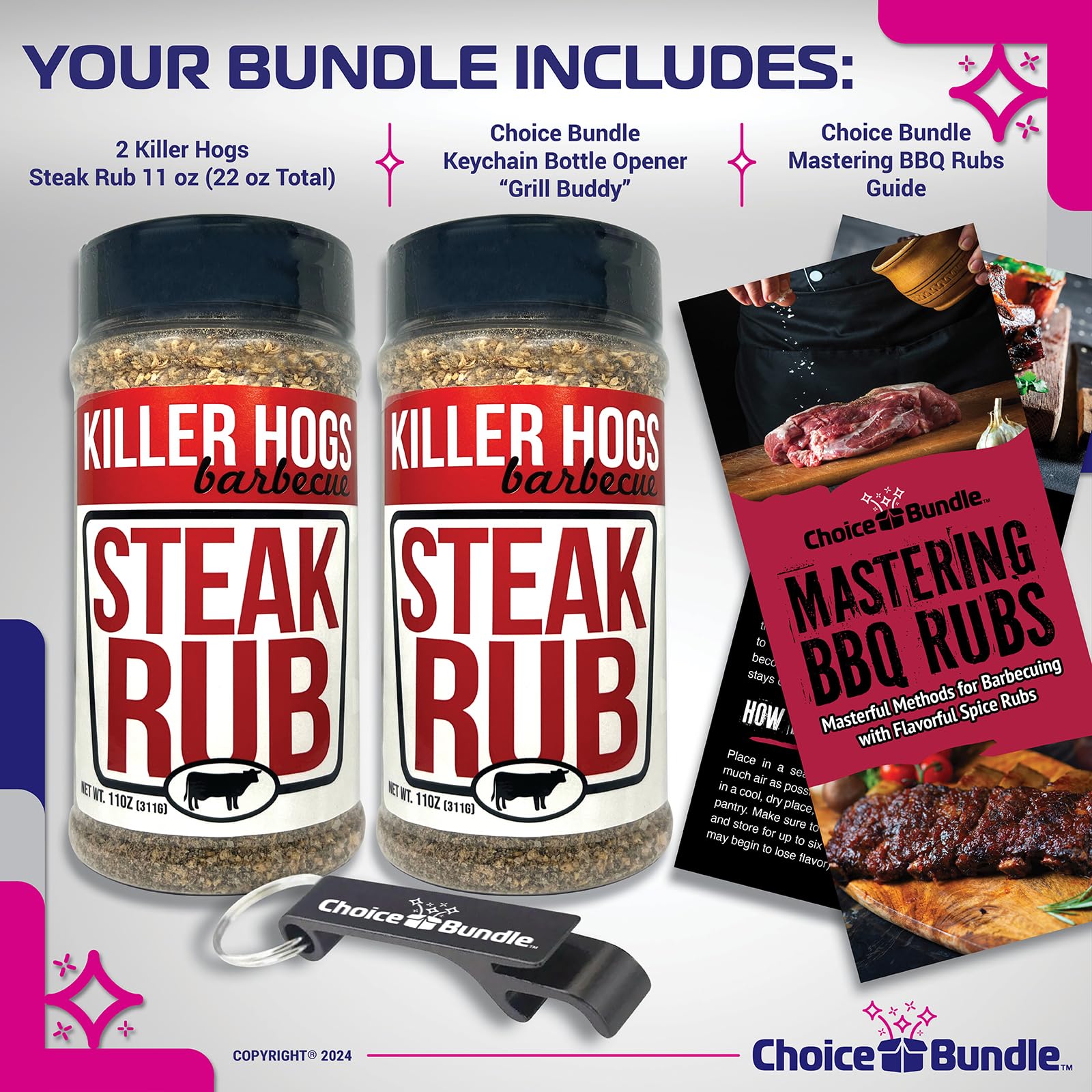 Killer Hogs Steak Rub Premium BBQ Barbecue Spice Seasoning 2 pk (22 oz) + Guide & Bottle Opener (4 Items)!