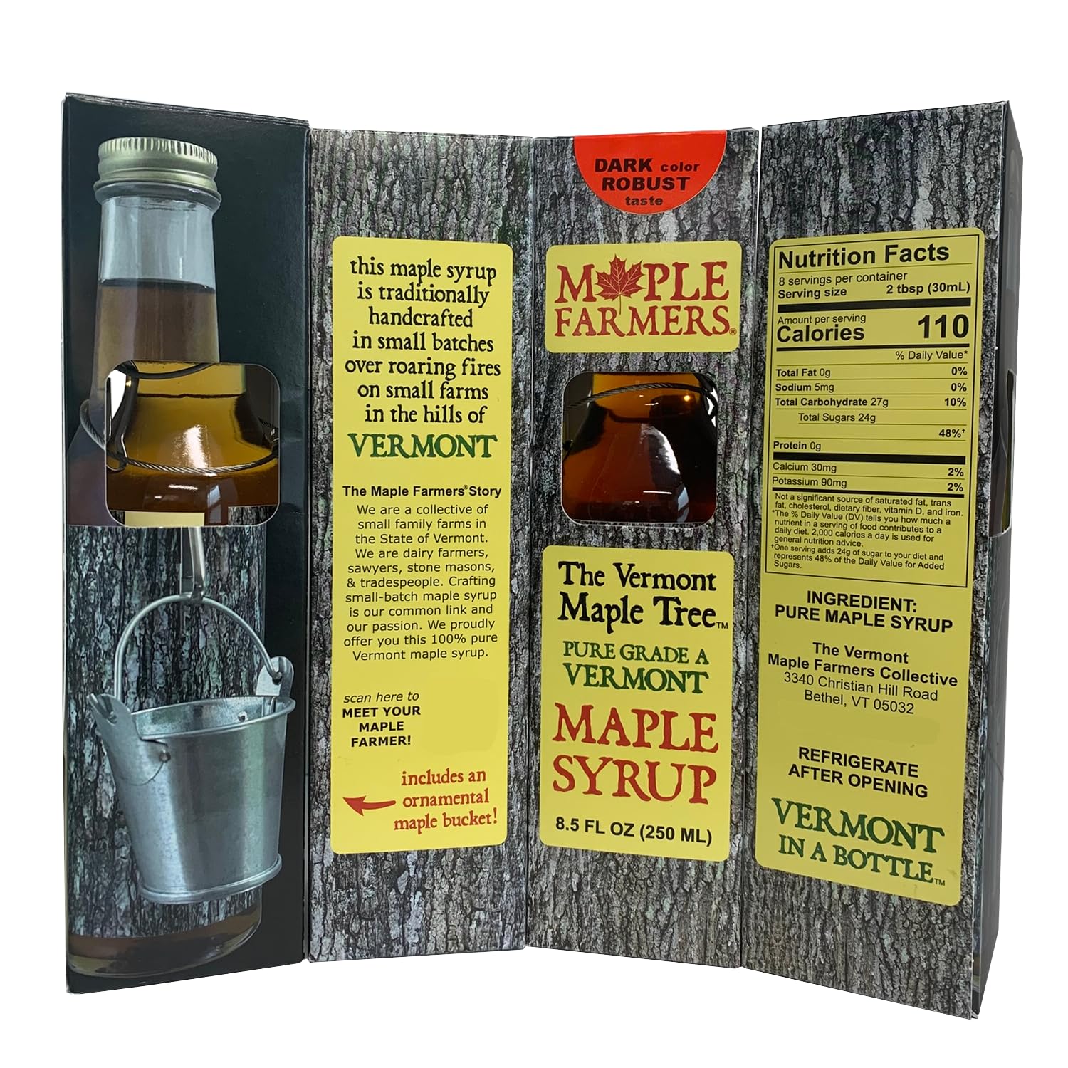 Vermont Maple Syrup Sampler Pack of Maple Trees, Four 8.5 oz Glass Bottle with Decorative Metal Sap Buckets, Pure, Small-Batch, Handcrafted on Small