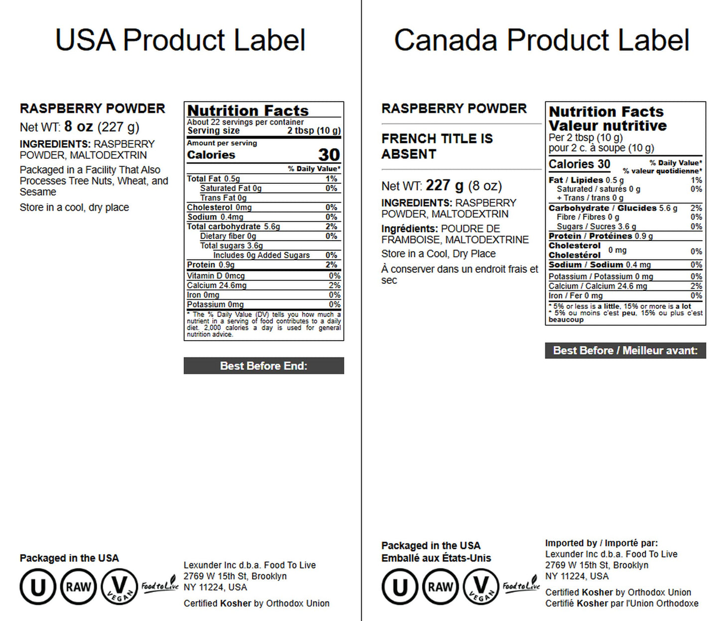 Food to Live Raspberry Juice Powder, 8 Ounces - Spray-Dried, No Sugar Added, Contains Maltodextrin, Vegan, Kosher, Bulk, Perfect for Smoothies