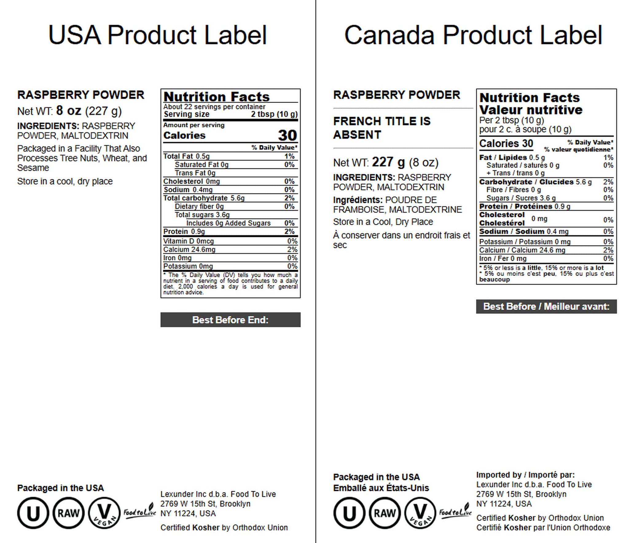 Food to Live Raspberry Juice Powder, 8 Ounces - Spray-Dried, No Sugar Added, Contains Maltodextrin, Vegan, Kosher, Bulk, Perfect for Smoothies