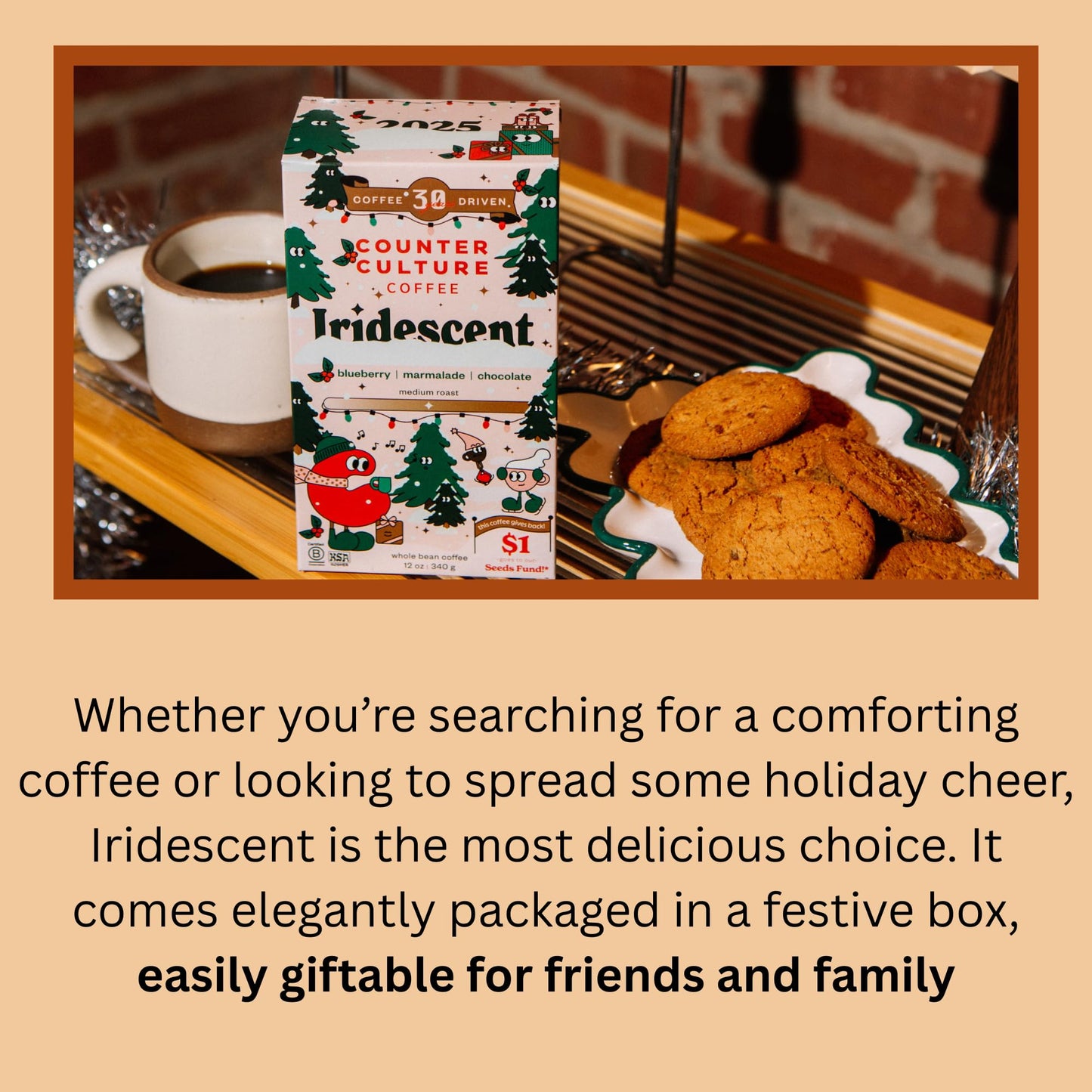 Counter Culture Coffee Iridescent Holiday Coffee Blend - Medium Light Roast, Sustainably Farmed, Kosher, Whole Bean Coffee, 12 oz