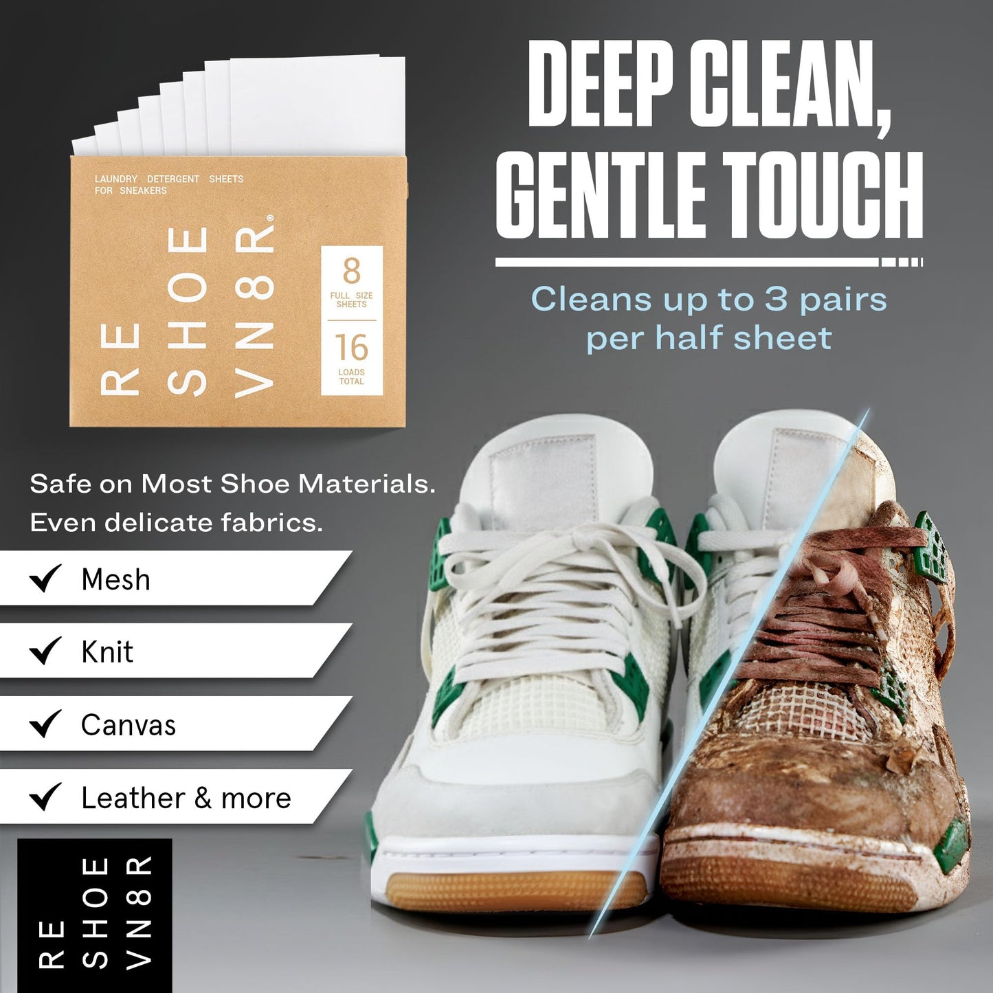 RESHOEVN8R Shoe Wash Detergent Sneaker Laundry Sheets - 16 Loads, Cleans 48 Shoes - Eco-Friendly Shoe Cleaner for Washer - Safe on All Shoes, Laces