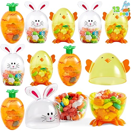 SYNCFUN 12pcs Easter Candy Filled Eggs Shell Carrot, Chick and Bunny Shaped, Includes Duck, Chick and Bunny Shaped Candies, Easter Basket Fillers