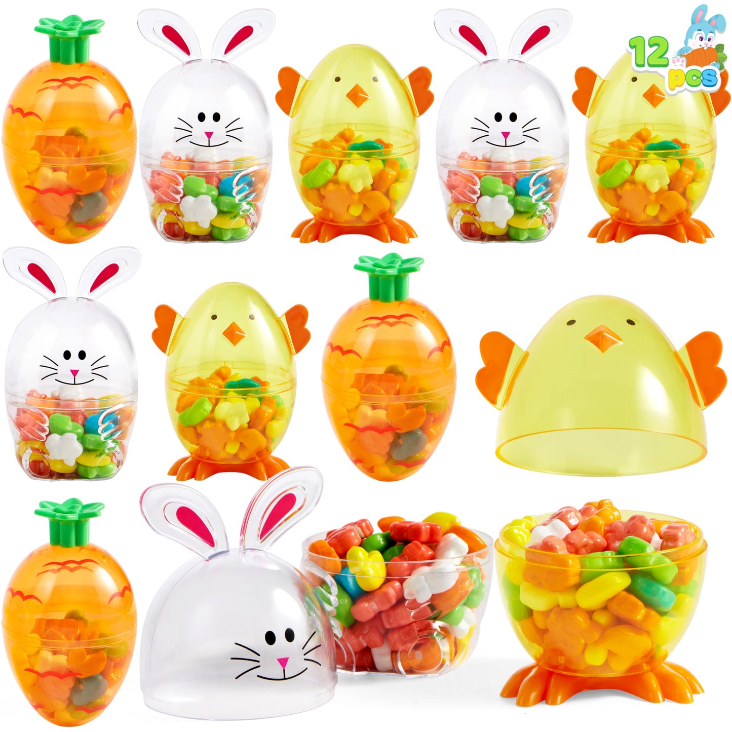 SYNCFUN 12pcs Easter Candy Filled Eggs Shell Carrot, Chick and Bunny Shaped, Includes Duck, Chick and Bunny Shaped Candies, Easter Basket Fillers
