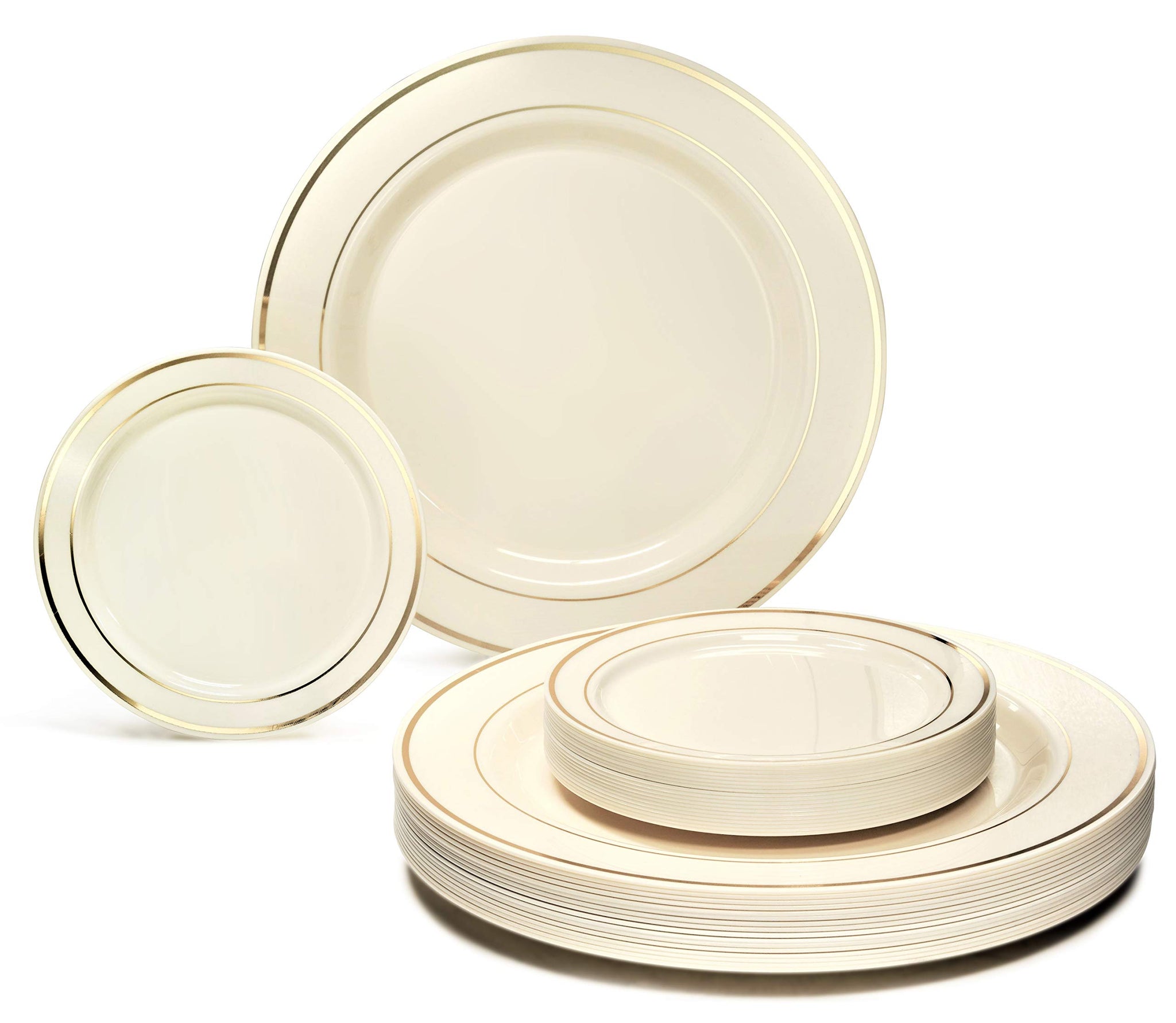 " OCCASIONS " 120 Plates Pack, Heavyweight Premium Disposable Plastic Plates Set 60 x 10.5'' Dinner + 60 x 6.25'' Dessert/Cake Plates (Ivory & Gold