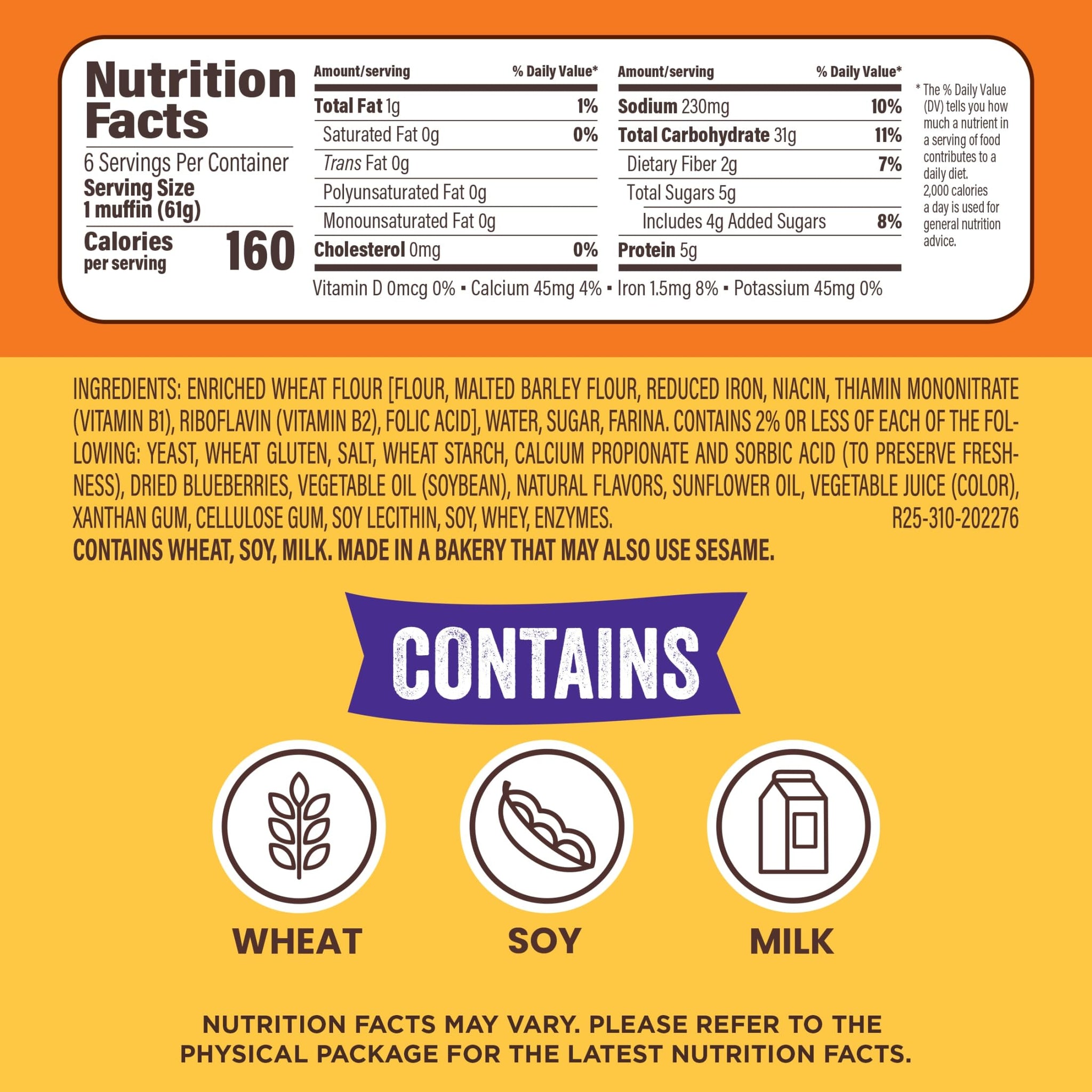 Thomas’ Blueberry English Muffins, Naturally and Artificially Flavored, 6 Count, 13 Oz Package of English Muffins