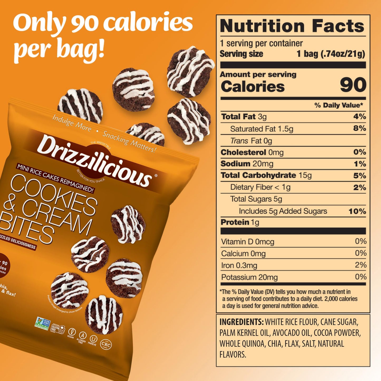 Drizzilicious Mini Flavored Rice Cakes Cookies & Cream - Rice Crisps, Healthy Snack for Adults and Kids, Vegan, Gluten Free Snack, Allergen Free, Only