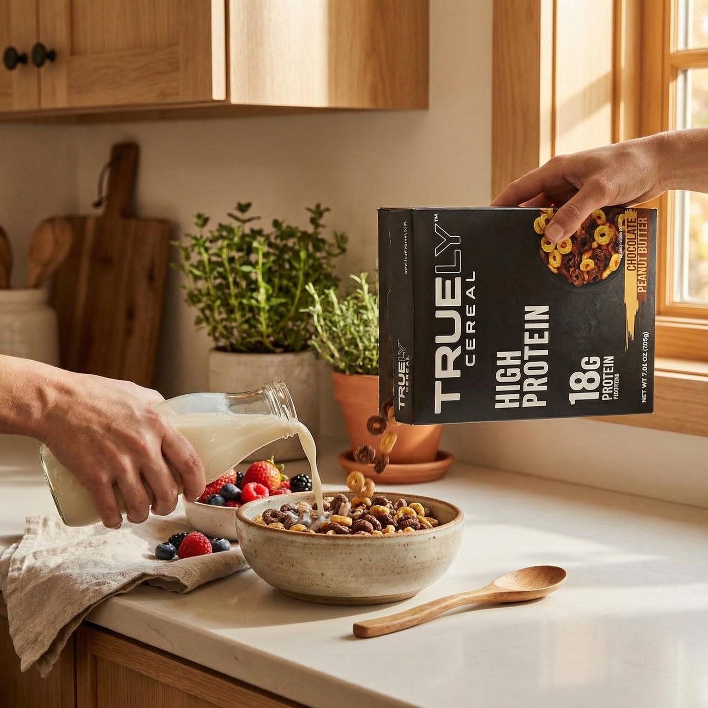 Truely Cereal Chocolate Pb - 2 Pack 7.05 oz Boxes - Protein for Breakfast - High Protein Snack - Protein Option - Truely Cereal with a Random Item