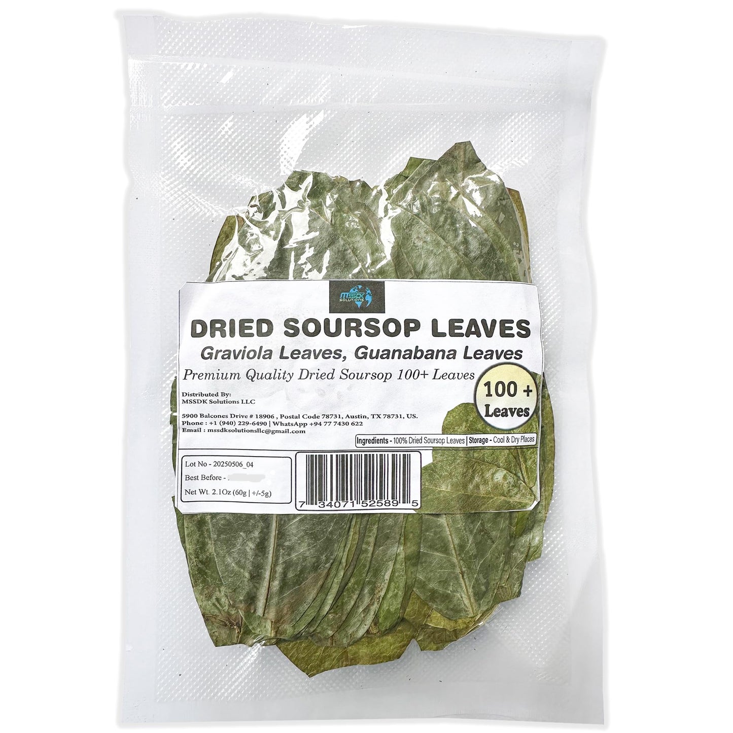 Dried soursop leaves Graviola Leaves Tea - Whole Dried Guanabana Loose Leaf, 100+ Leaves, Caffeine-Free, Vacuum-Sealed Pack