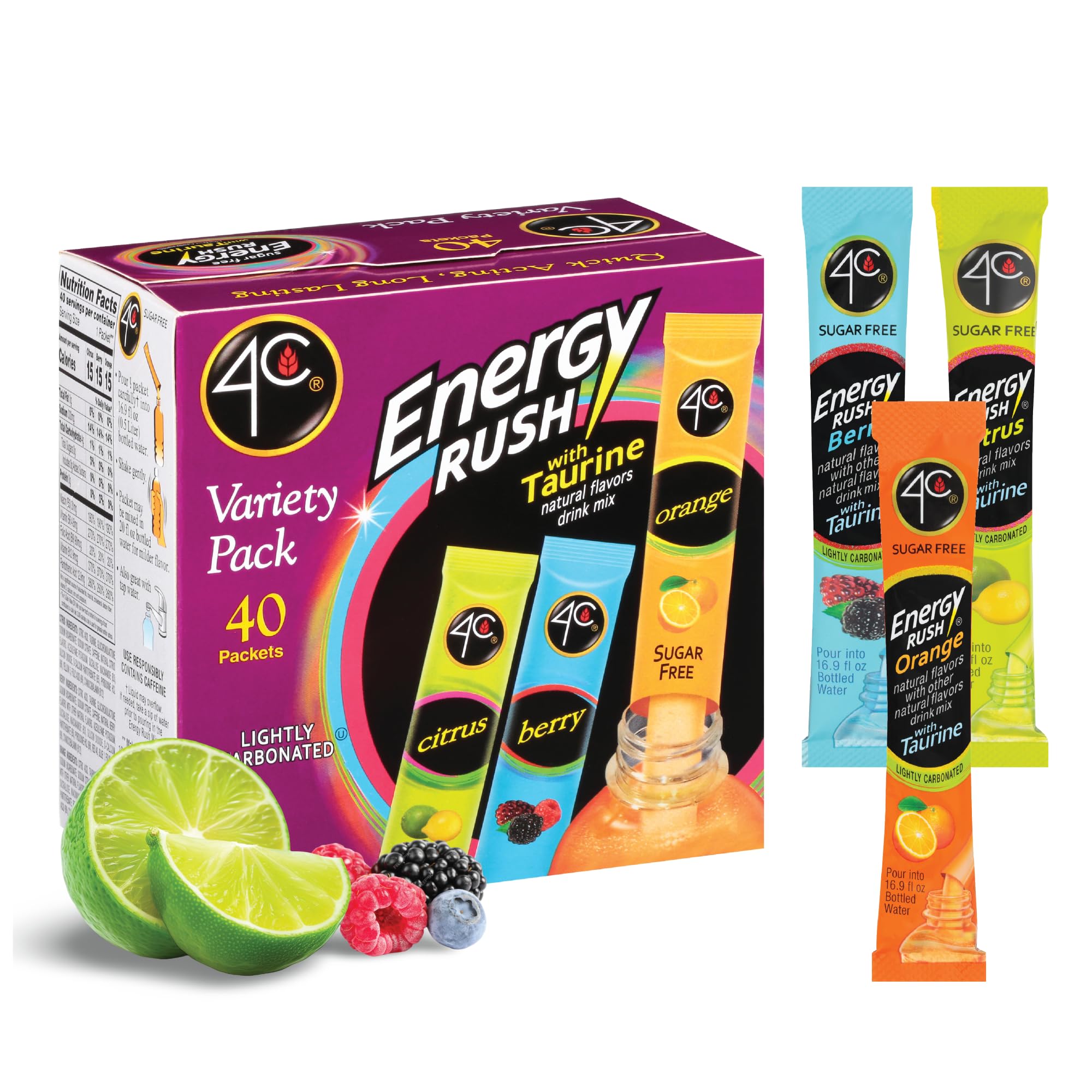 4C Energy Rush Stix, Variety 1 Pack, 40 Count, Single Serve Water Flavoring Packets, Sugar Free with Taurine, On the Go Bundle (20 Berry, 10 Orange
