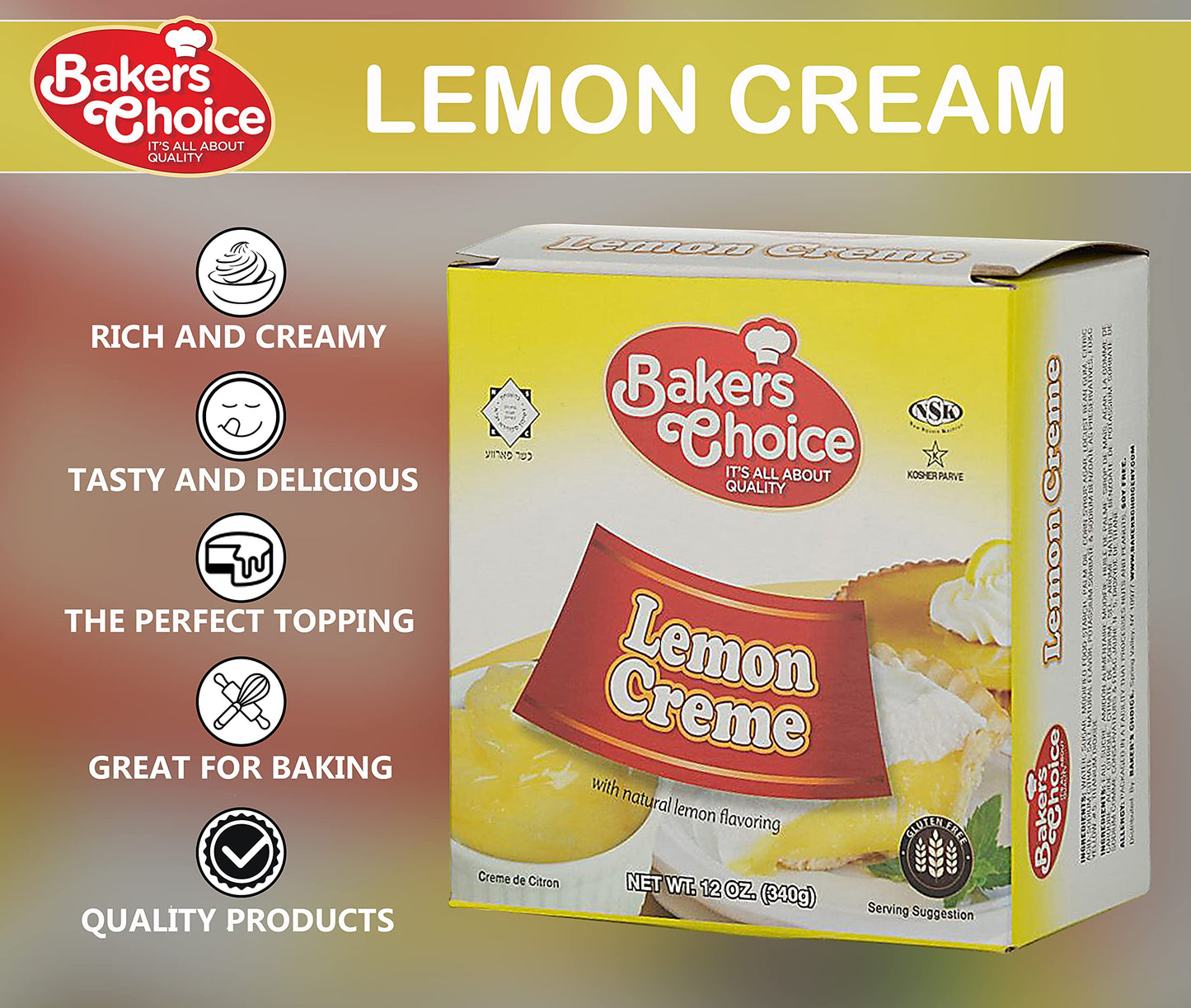 Lemon Pie Filling, 12 oz - Lemon Cake Filling Cream - Pastry Filling Cake Donut and Dessert Topping and Spread - Kosher - by Bakers Choice