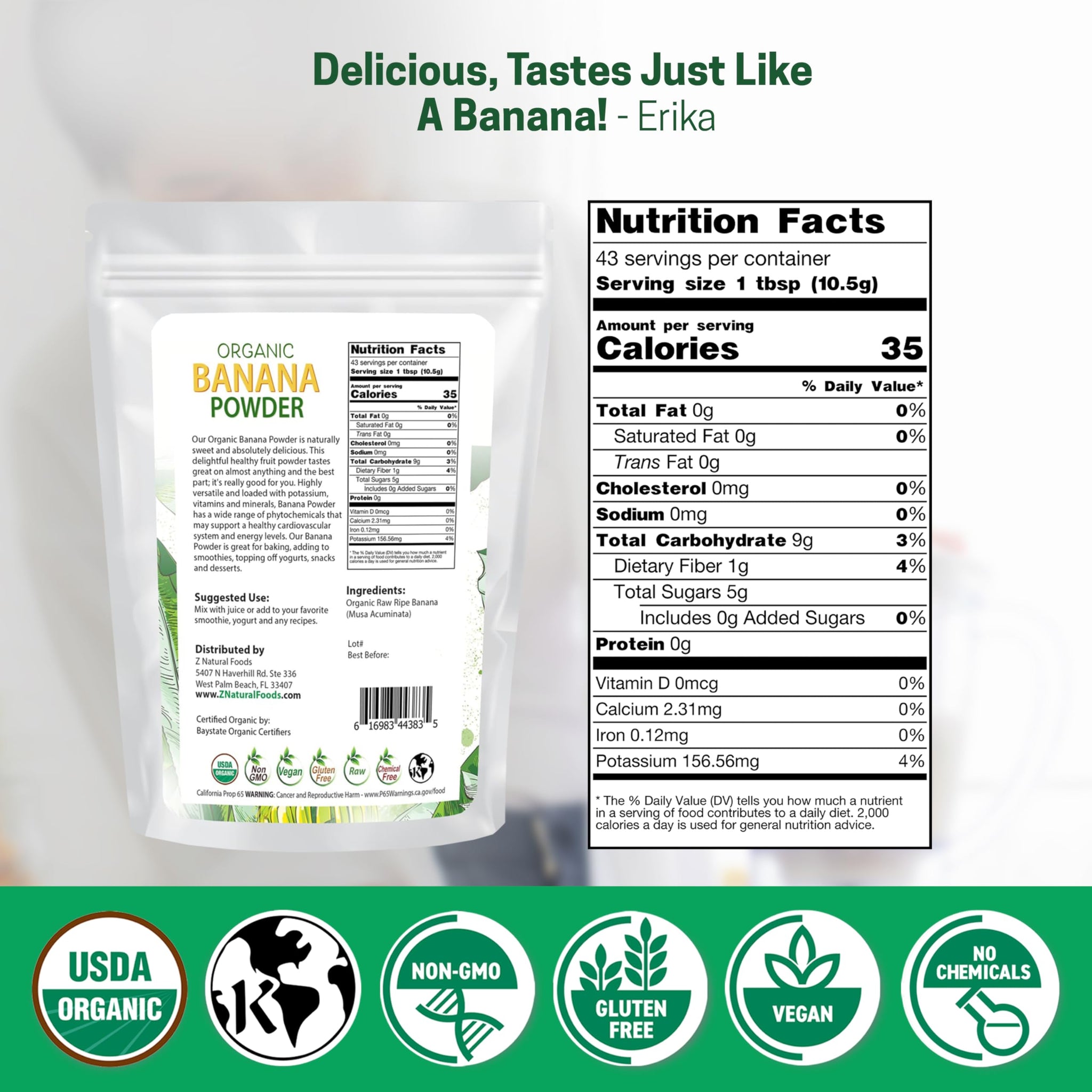 Z Natural Foods Organic Banana Powder, Fiber Supplement for Glowing Skin and Enhanced Immunity, Great in Juice, Smoothies, and Recipes, Non-GMO