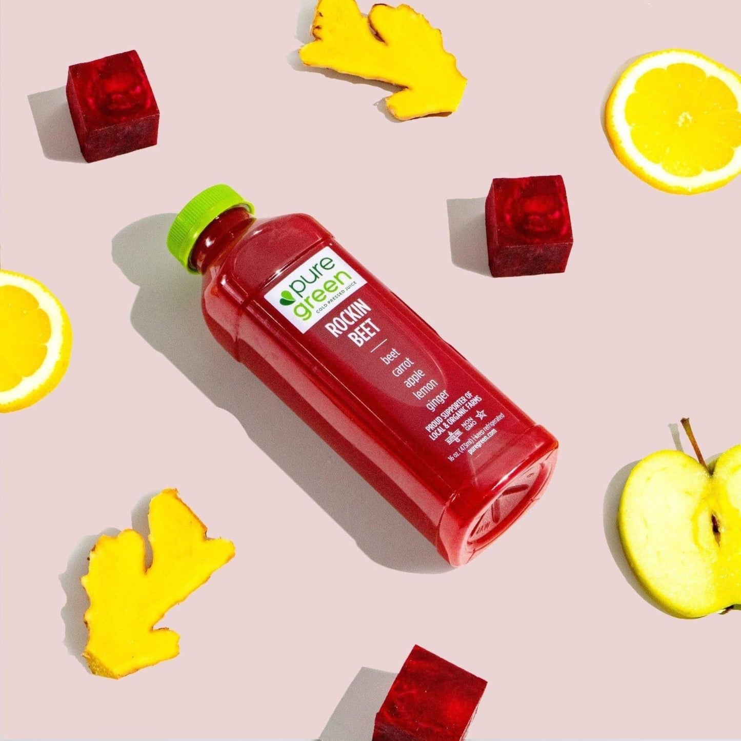 Pure Green Cold Pressed Juice - Rockin Beet - Fresh Functional Blend with Beet, Carrot, Apple, Lemon, Ginger - Natural, Gluten Free, Non-GMO, No