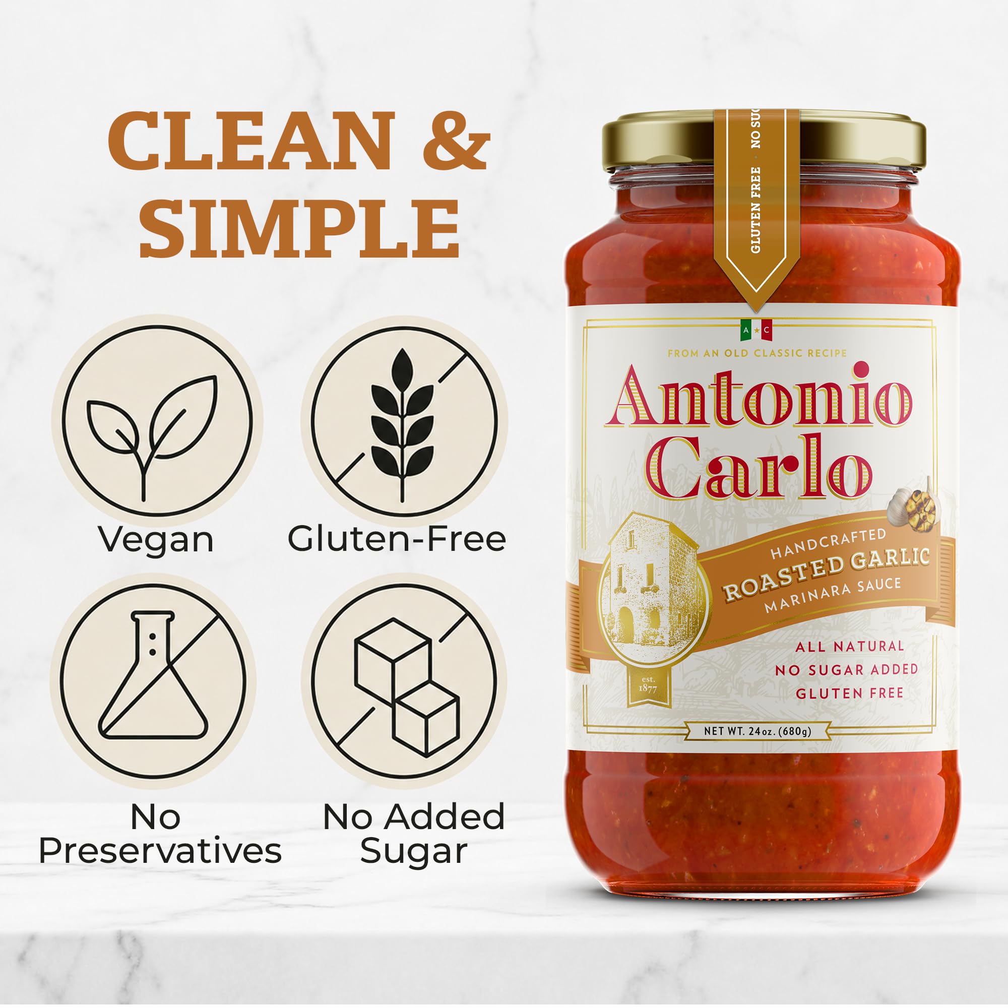 NEW! Antonio Carlo Authentic Italian (3 Generations) Handmade Gourmet Marinara Sauce - FRESH, No Preservatives, Vegan Marinara Spaghetti & Pasta Sauce