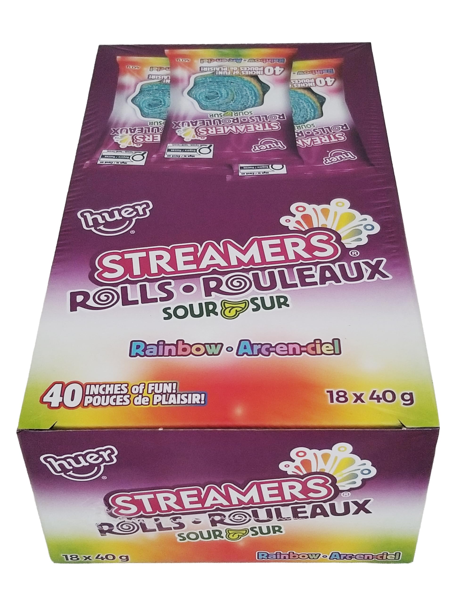 Huer Sour Rainbow Steamers Rolls Gummy Candy, 18x40g/1.4 oz