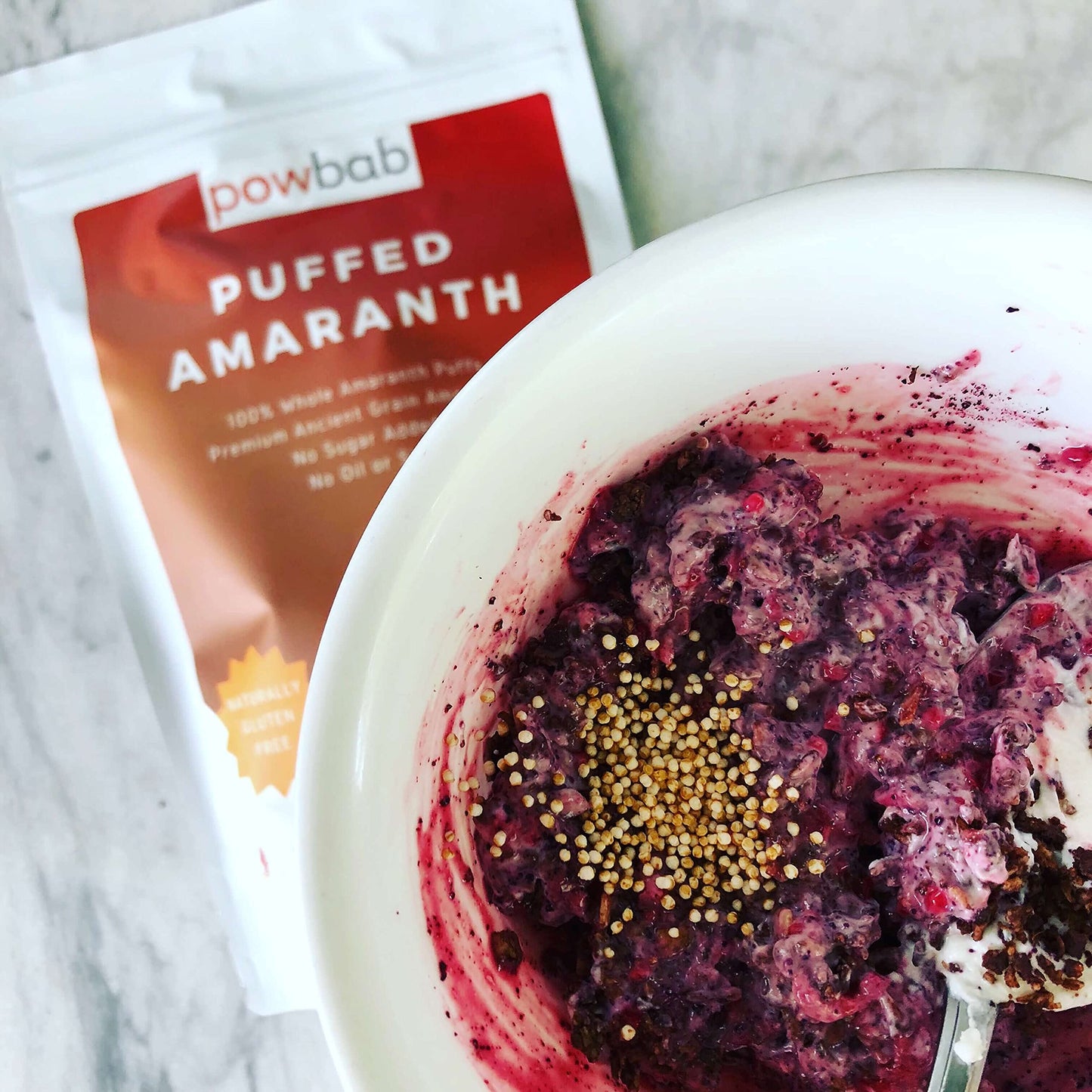 powbab Puffed Amaranth - 100% Organic Amaranth Popped in USA Whole Puffs. Good Protein Source, No Oil or Salt, No Sugar Added, Unsweetened Cereal