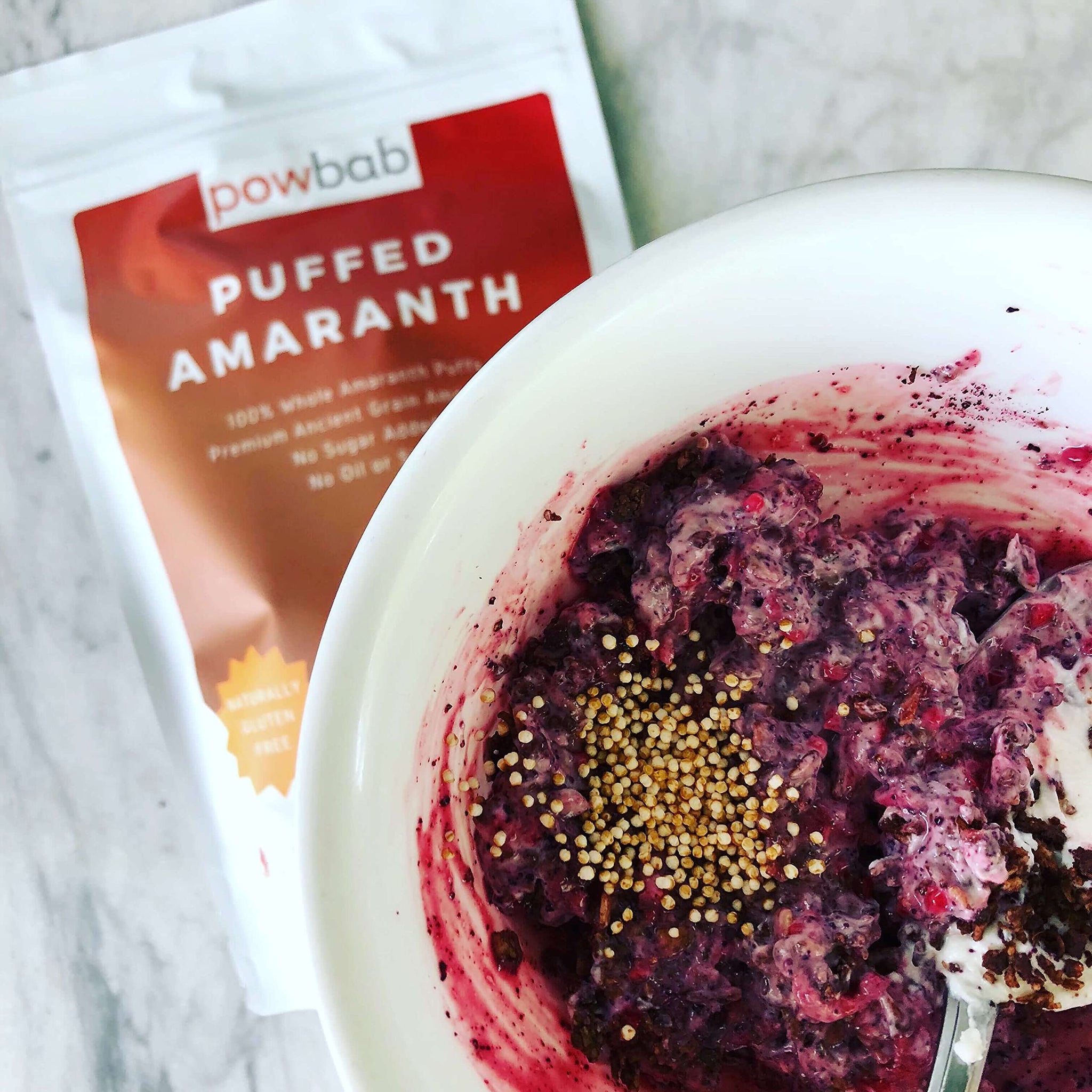 powbab Puffed Amaranth - 100% Organic Amaranth Popped in USA Whole Puffs. Good Protein Source, No Oil or Salt, No Sugar Added, Unsweetened Cereal