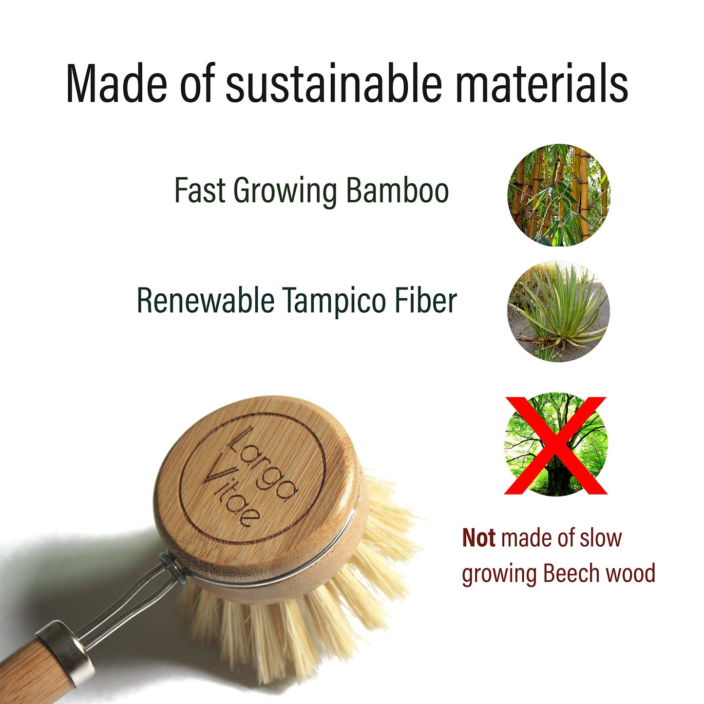 Larga Vitae 6 pcs Wooden Dish Brush Replacement Heads Made of Renewable Bamboo Wood and Natural Bristle Fiber, Durable, Long Lasting (Tampico Fiber)