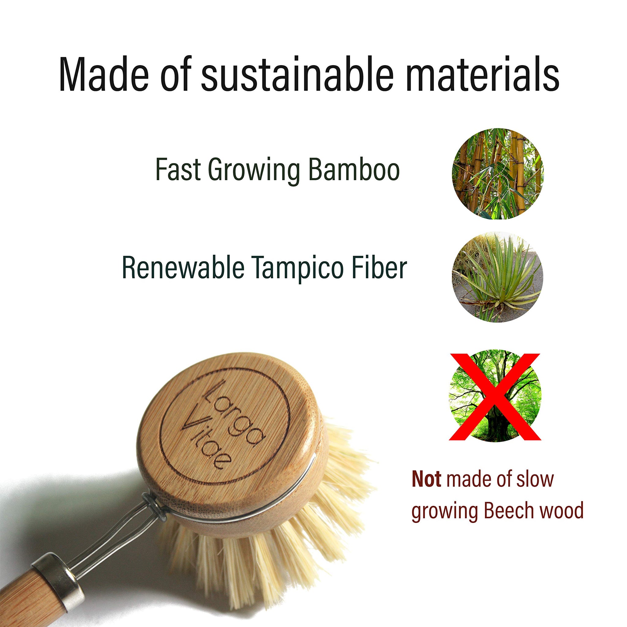 Larga Vitae 6 pcs Wooden Dish Brush Replacement Heads Made of Renewable Bamboo Wood and Natural Bristle Fiber, Durable, Long Lasting (Tampico Fiber)