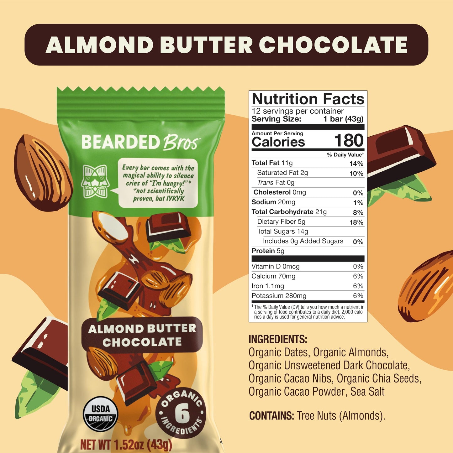 Bearded Brothers Organic Vegan Energy Bars - Gluten & Soy Free, Paleo, Whole 30 | Non GMO, Low Glycemic, High Protein, Fiber (12 Count (Pack of 1)