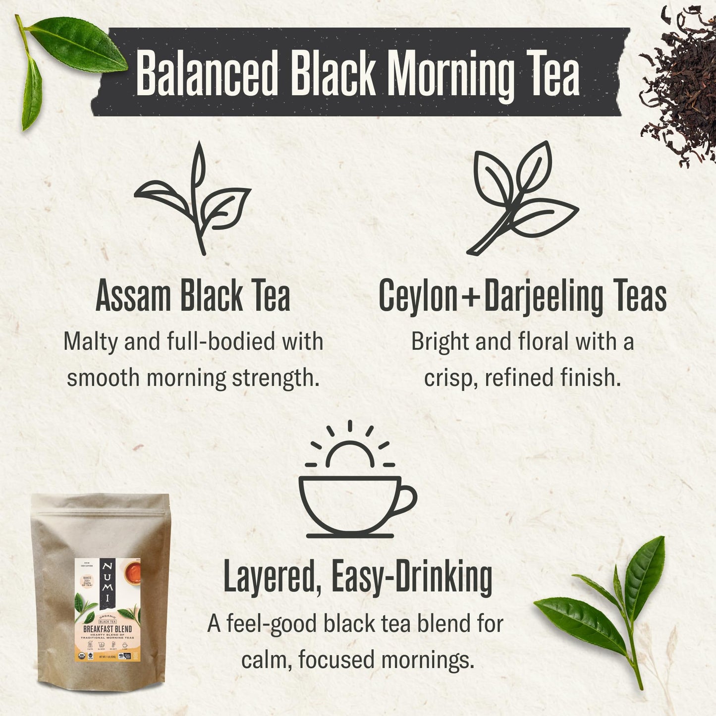 Numi Organic Breakfast Blend Tea, Loose Leaf Black Tea, 16 oz Bulk Pouch, Organic Loose Leaf Tea Brews 200 Cups, Full-Bodied Breakfast Blend, Strong