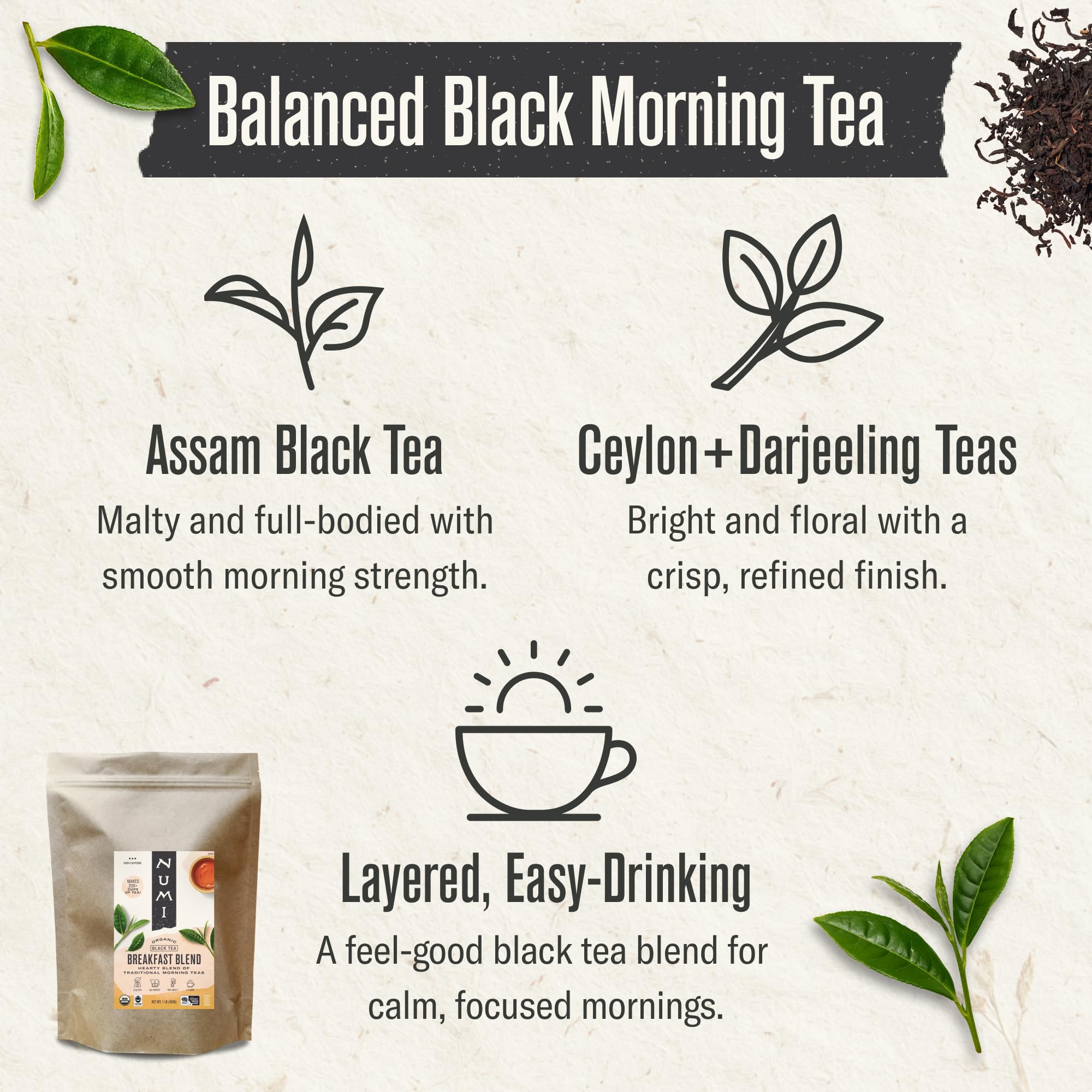 Numi Organic Breakfast Blend Tea, Loose Leaf Black Tea, 16 oz Bulk Pouch, Organic Loose Leaf Tea Brews 200 Cups, Full-Bodied Breakfast Blend, Strong