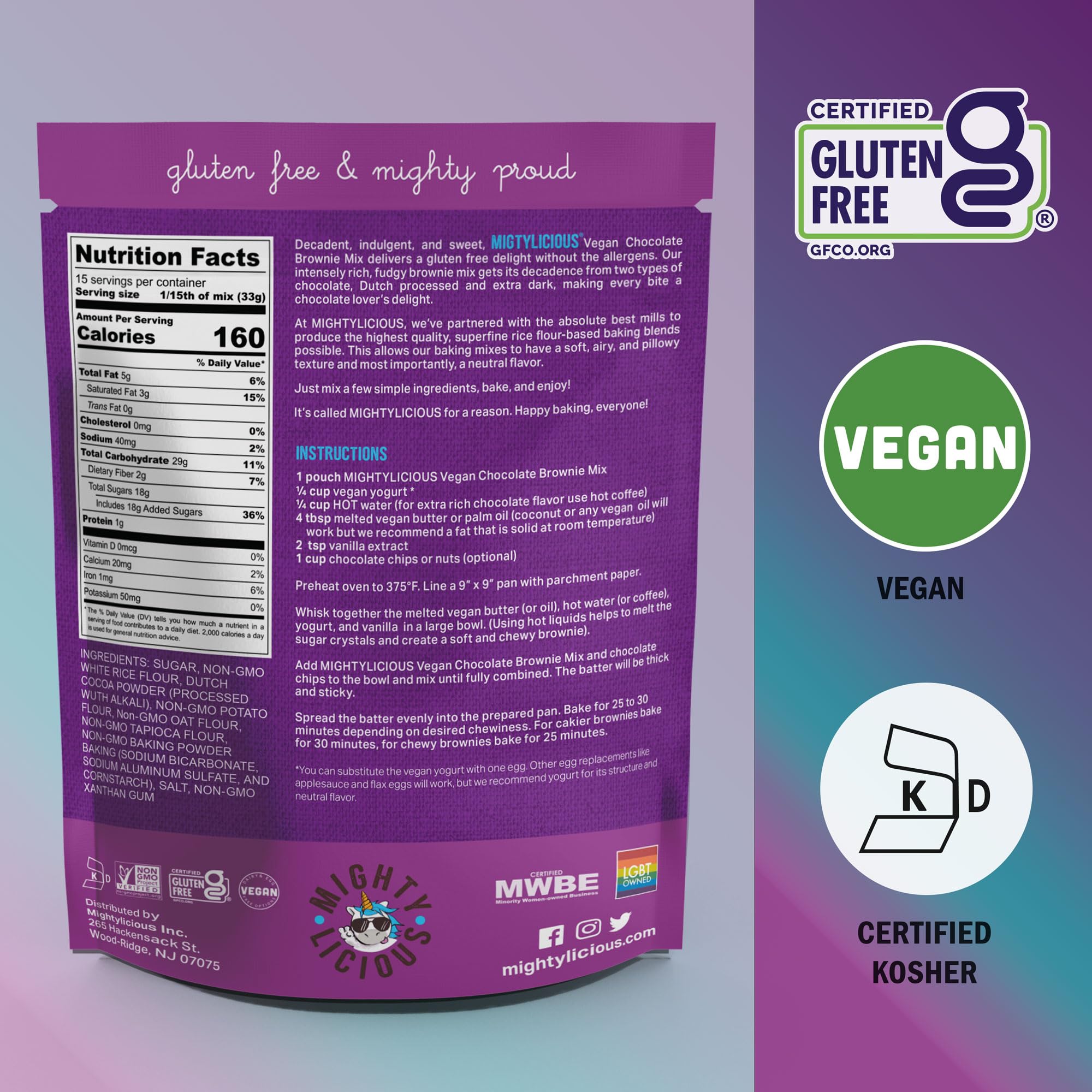 MIGHTYLICIOUS Chocolate Brownie Mix, Gluten-Free Brownie Mix, Plant-Based, Dairy-Free & Egg-Free, Non-GMO, Kosher, Allergen-Friendly Baking Mix, Easy Homemade Brownies (3-Pack)